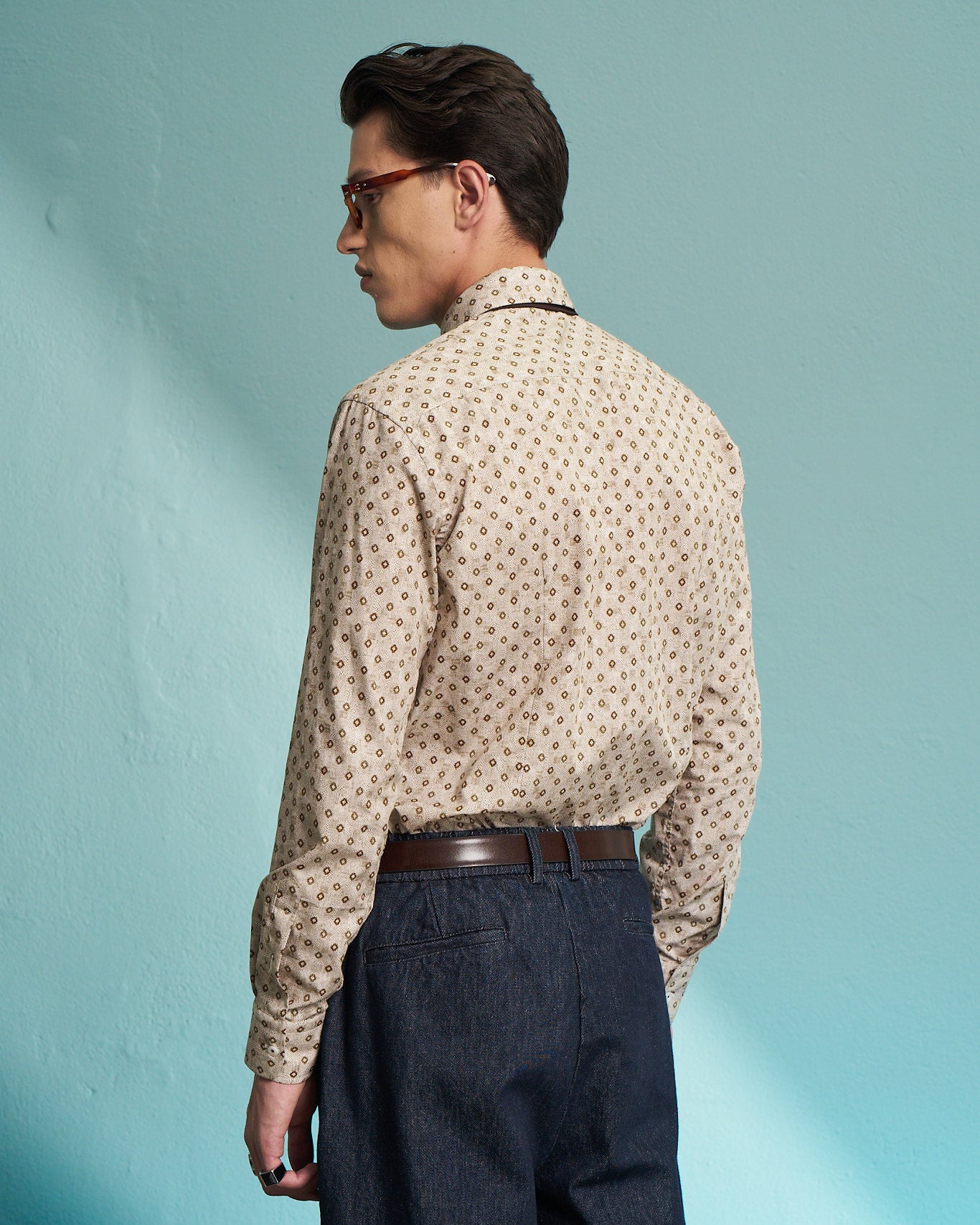 Beige Geometric Print Stretch Shirt