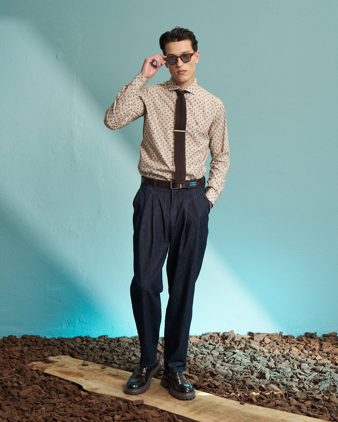 Beige Geometric Print Stretch Shirt