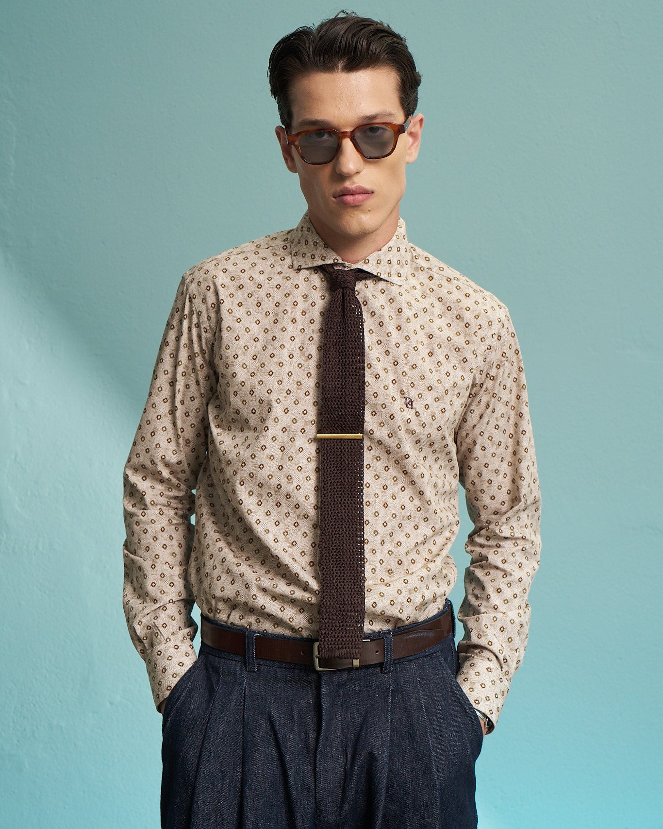 Beige Geometric Print Stretch Shirt