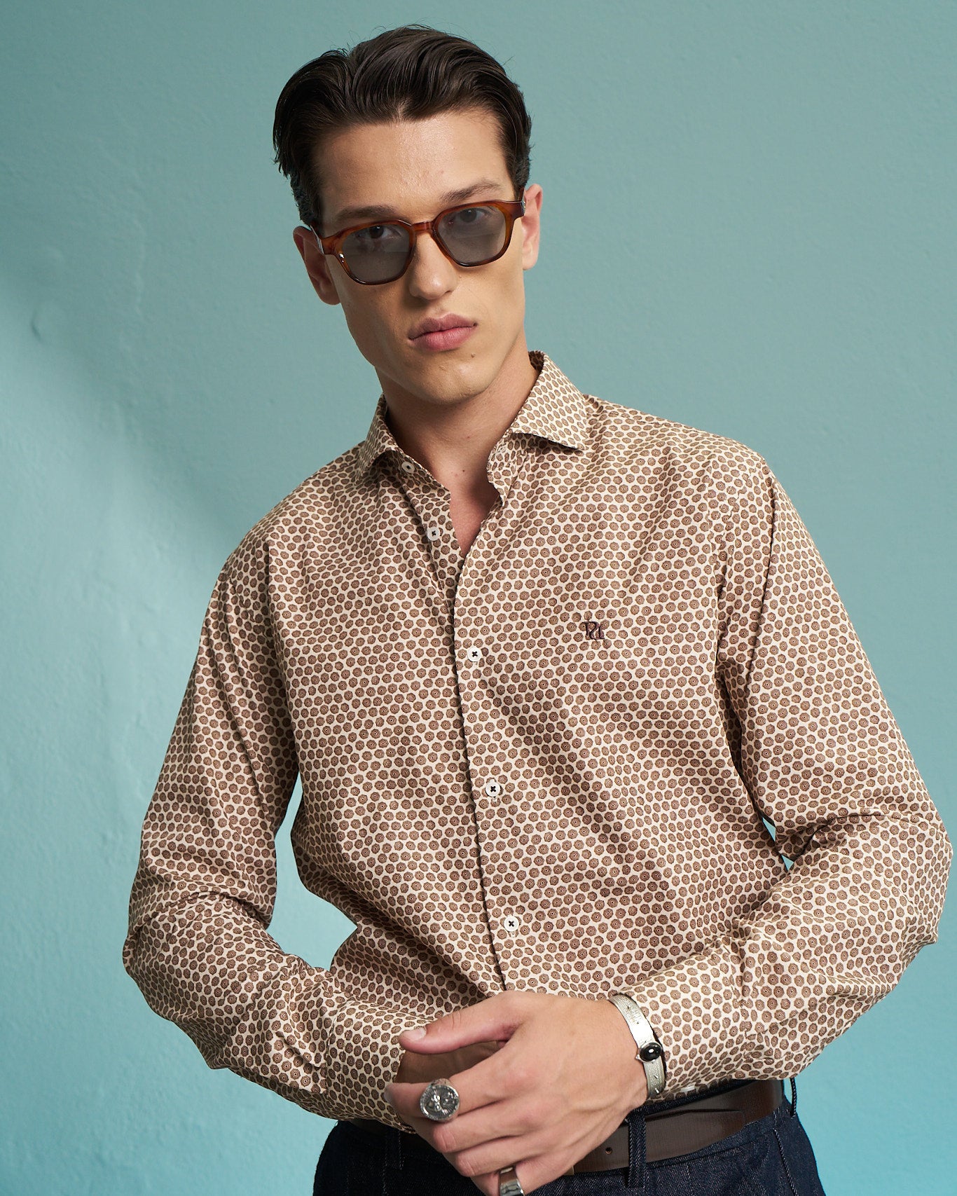 Beige Circle Print Stretch Shirt