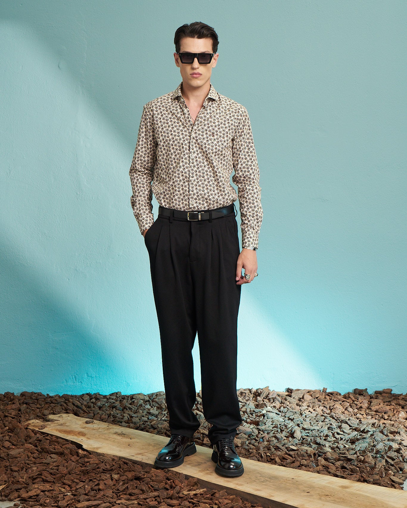 Ivory Abstract Circle Print Stretch Shirt
