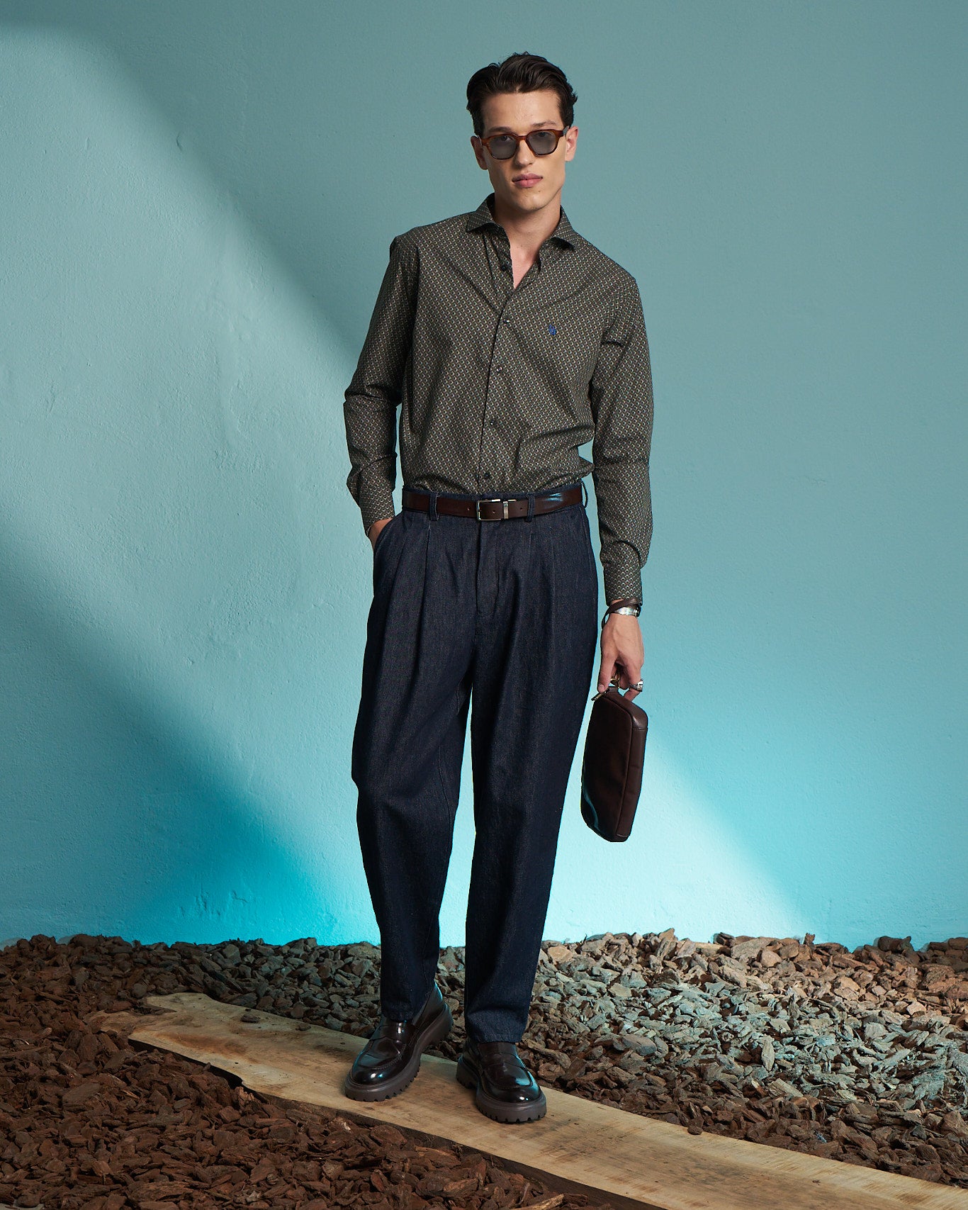 Olive Geometric Print Stretch Shirt