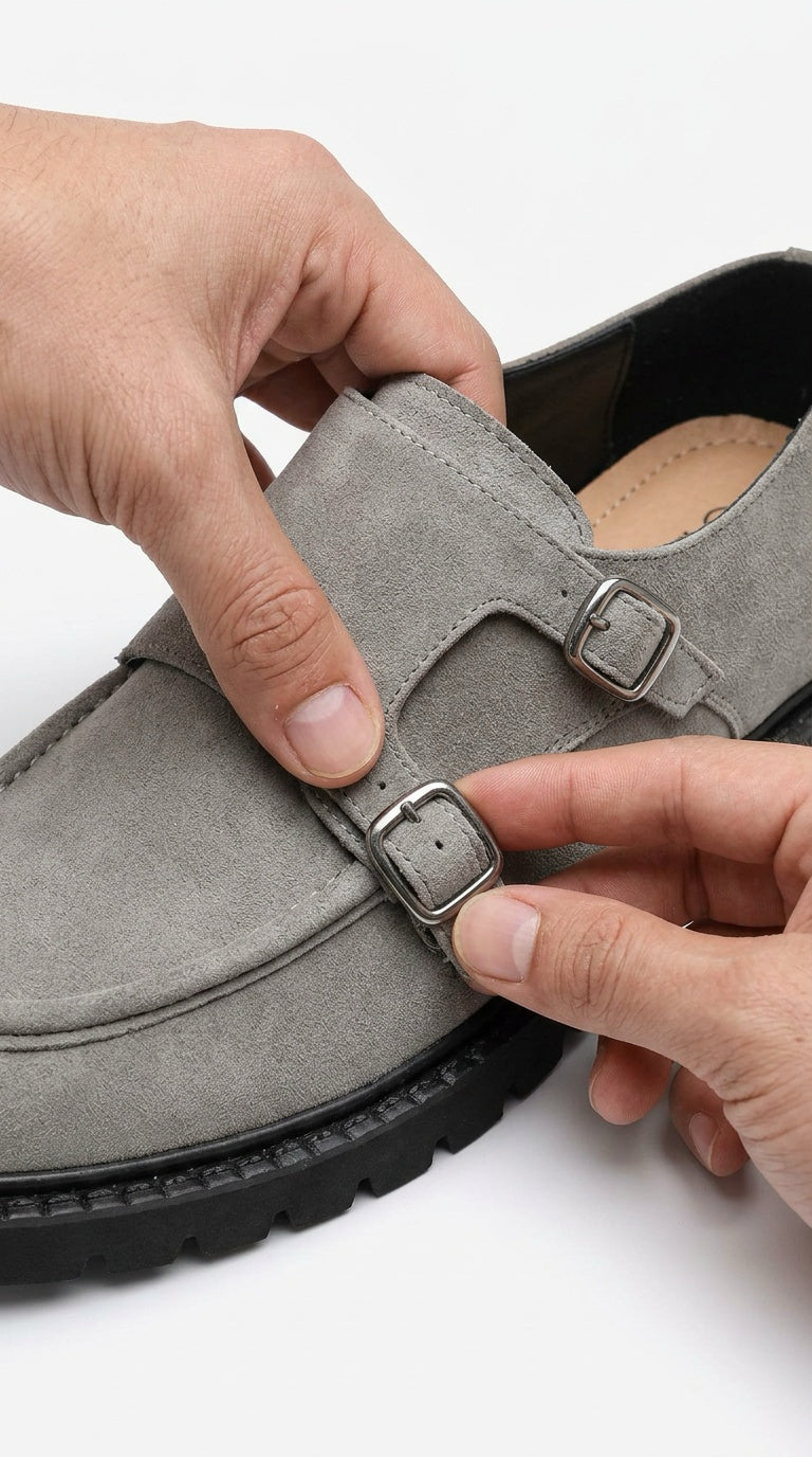 Suede Double Monk Strap Shoe - Light Grey