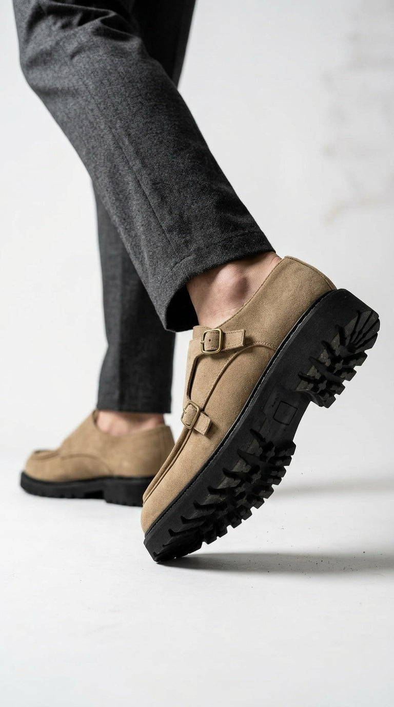Suede Double Monk Strap Shoe - Sand