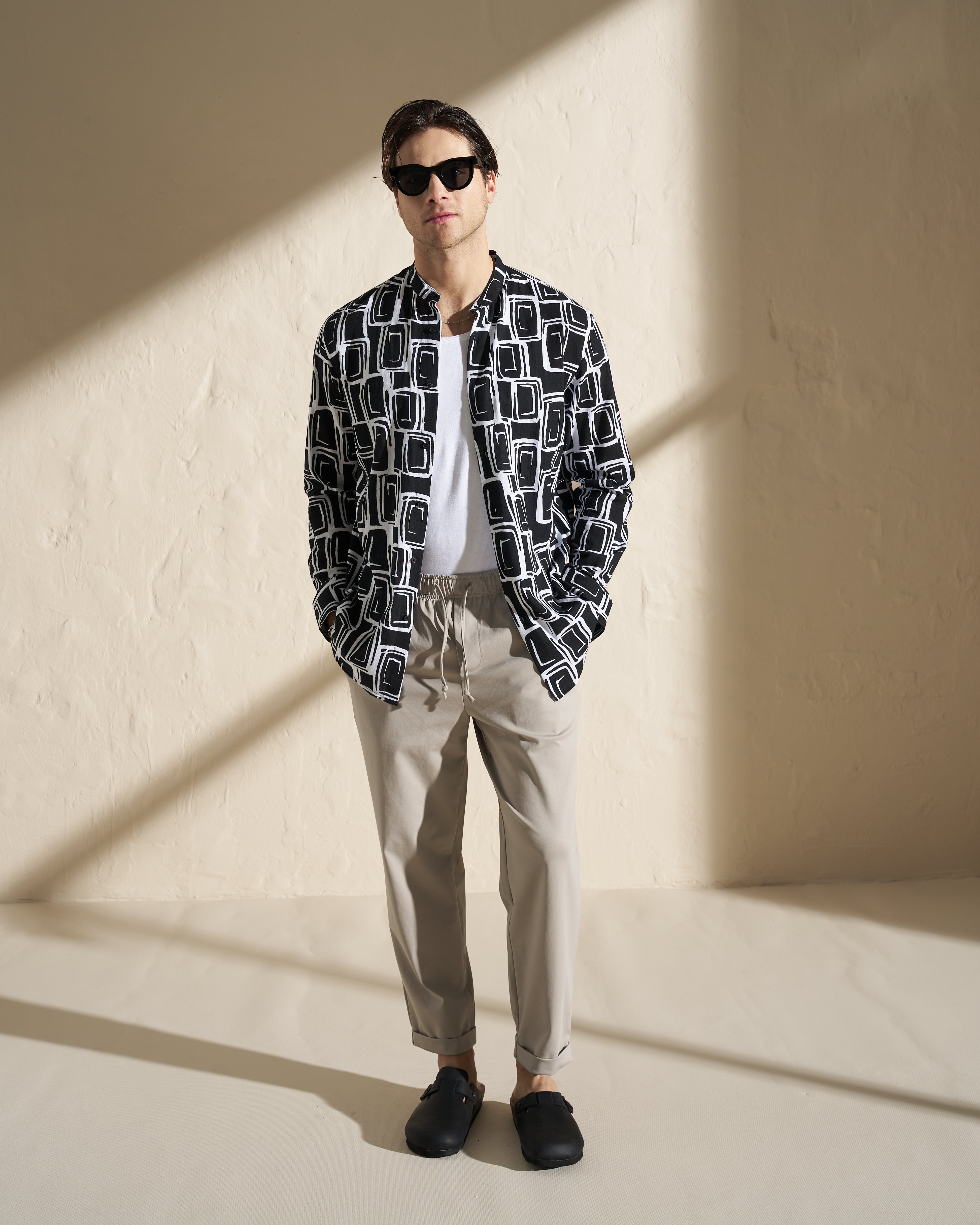 Viscose Mao Long Sleeve Shirt – Black Geometric Print