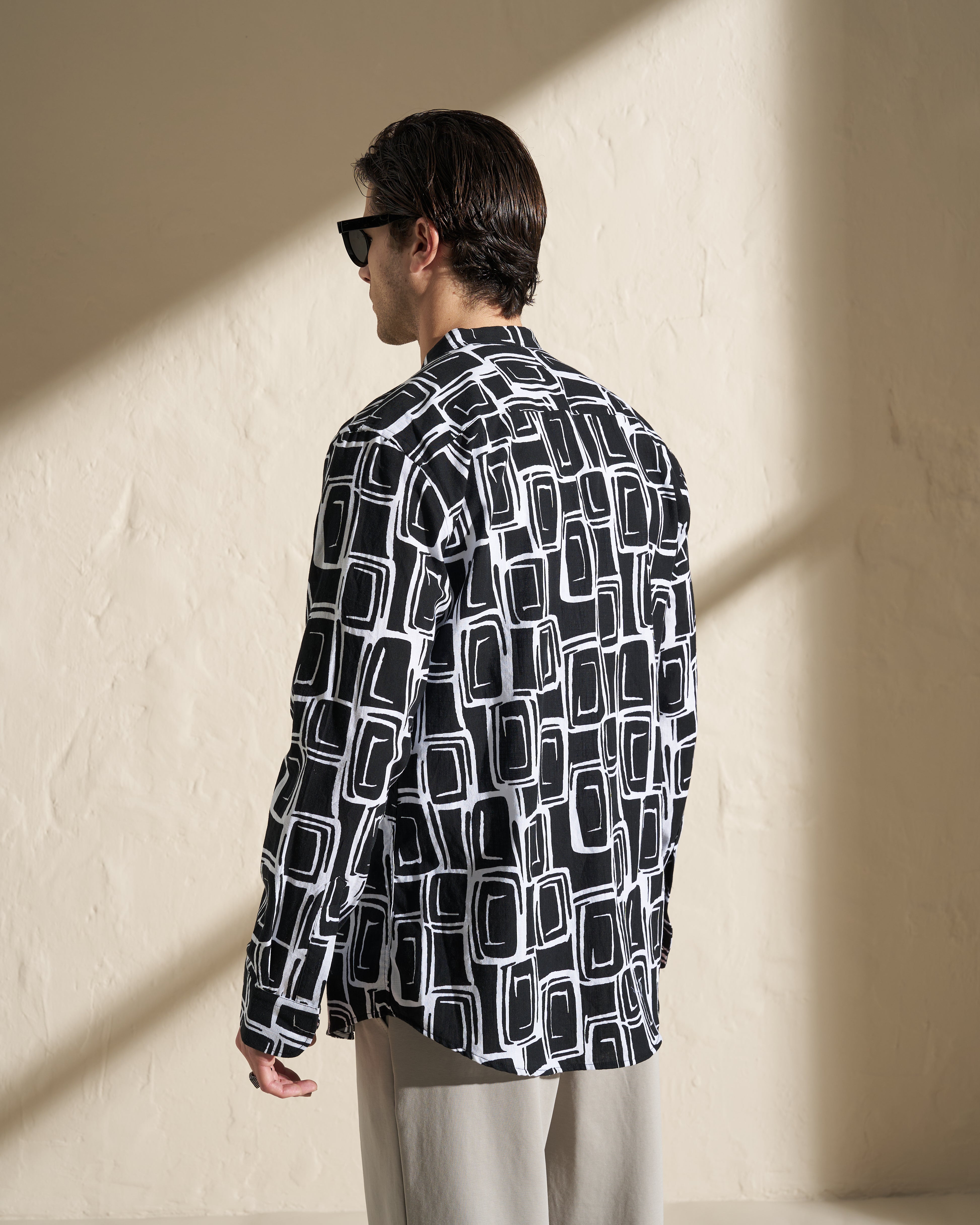 Viscose Mao Long Sleeve Shirt – Black Geometric Print