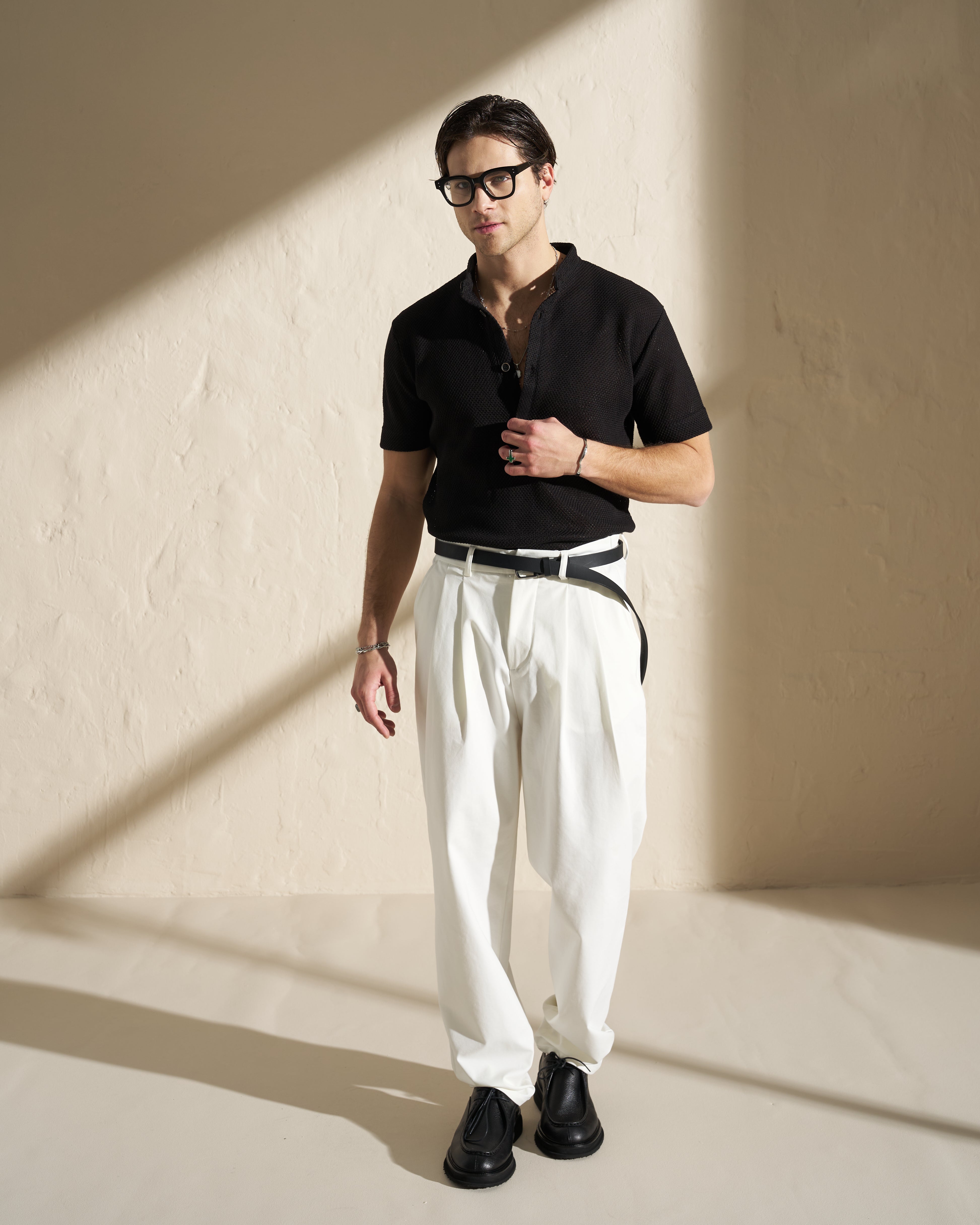 Knitted Mao Short Sleeve Shirt – Black