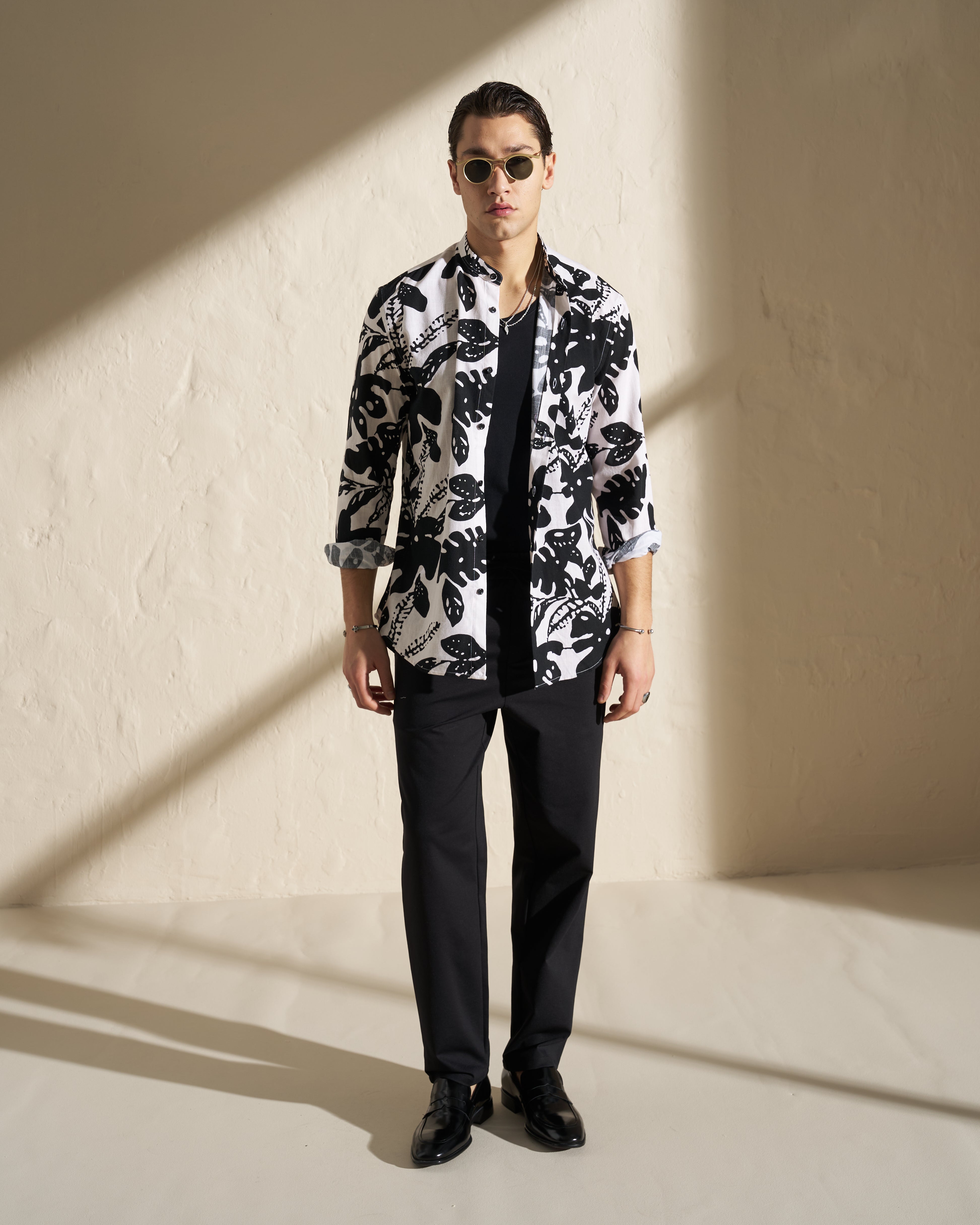 Printed Mao Collar Shirt – Black & White