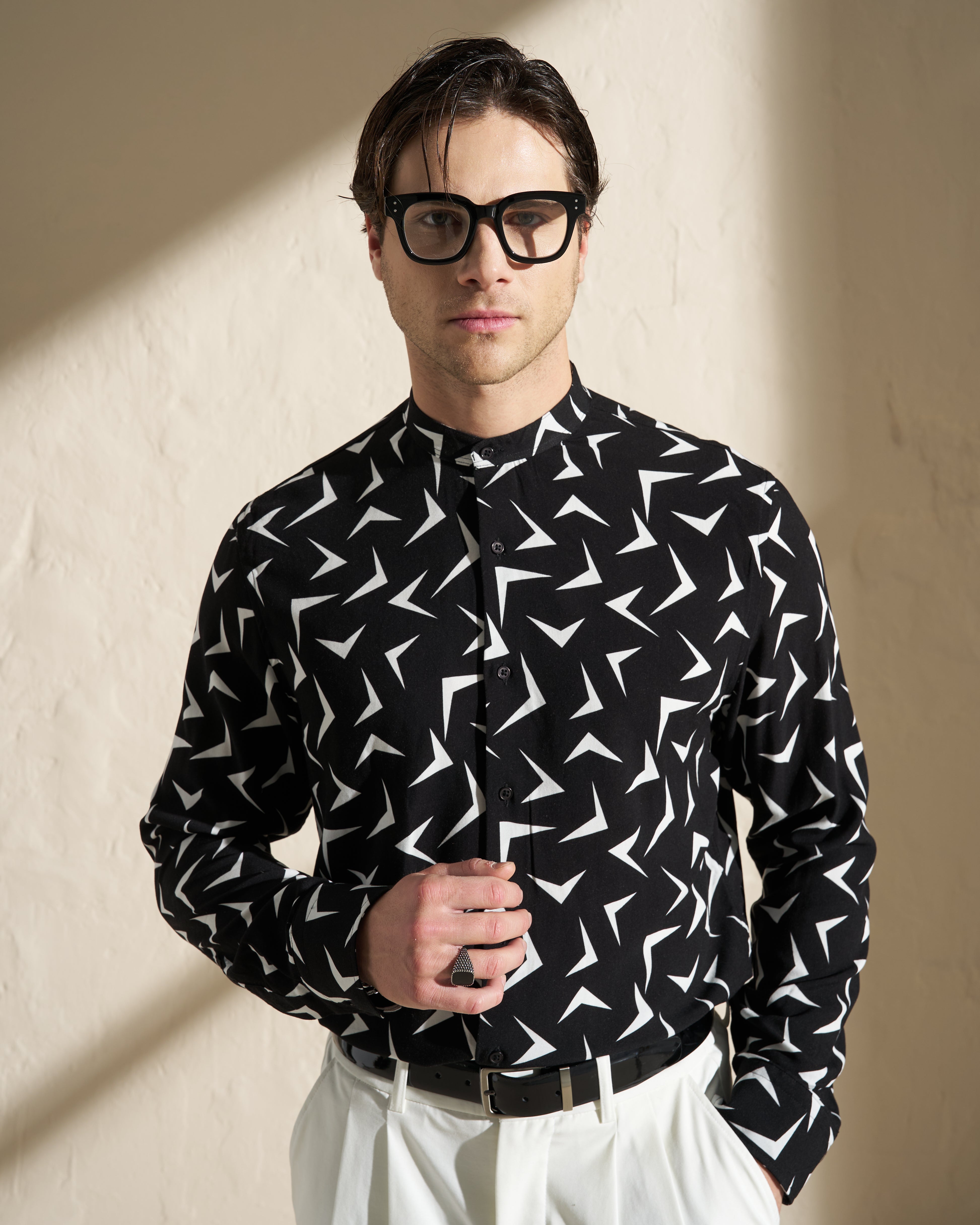 Printed Mao Collar Shirt – Black & White