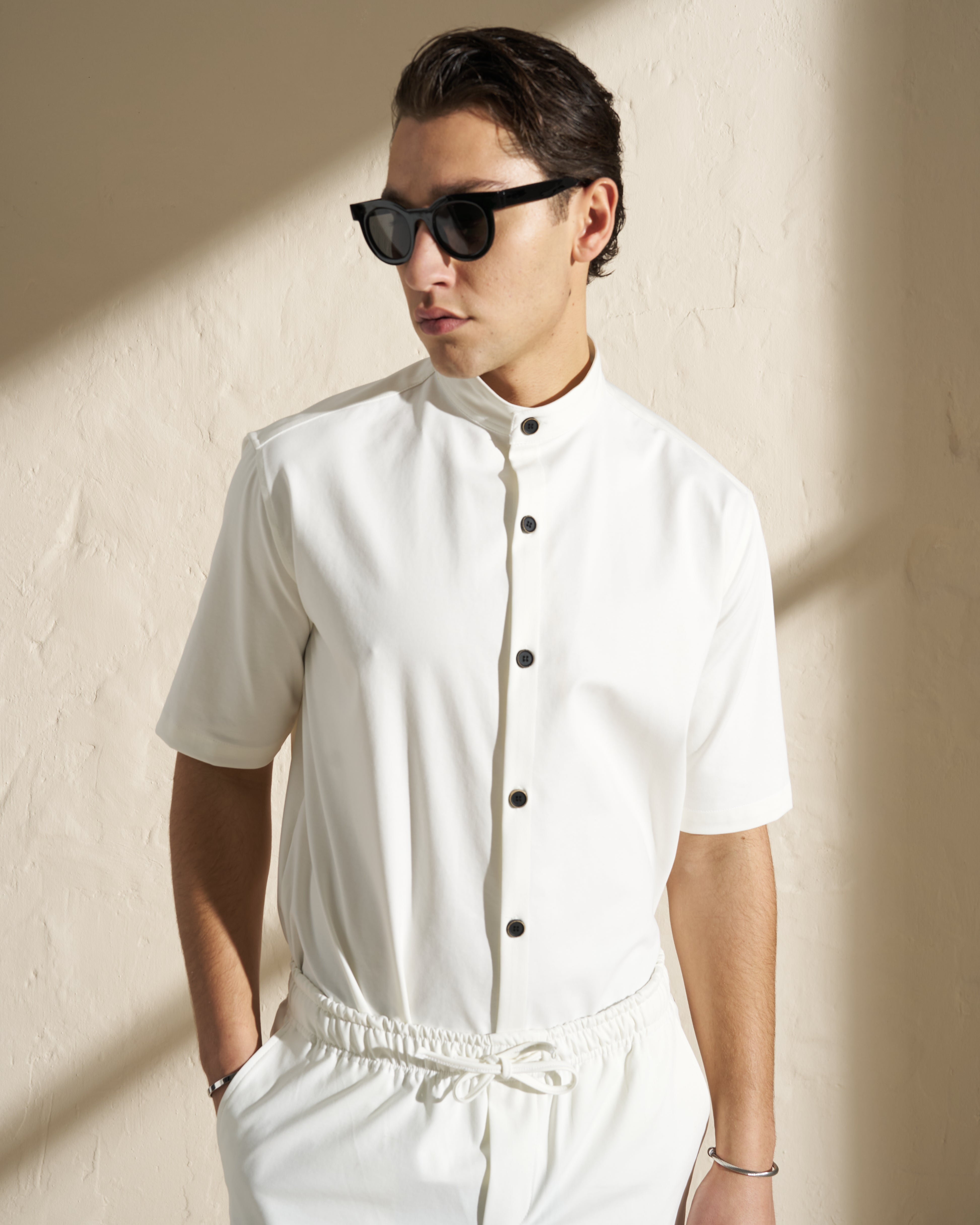 Short-Sleeve Mandarin Collar Shirt