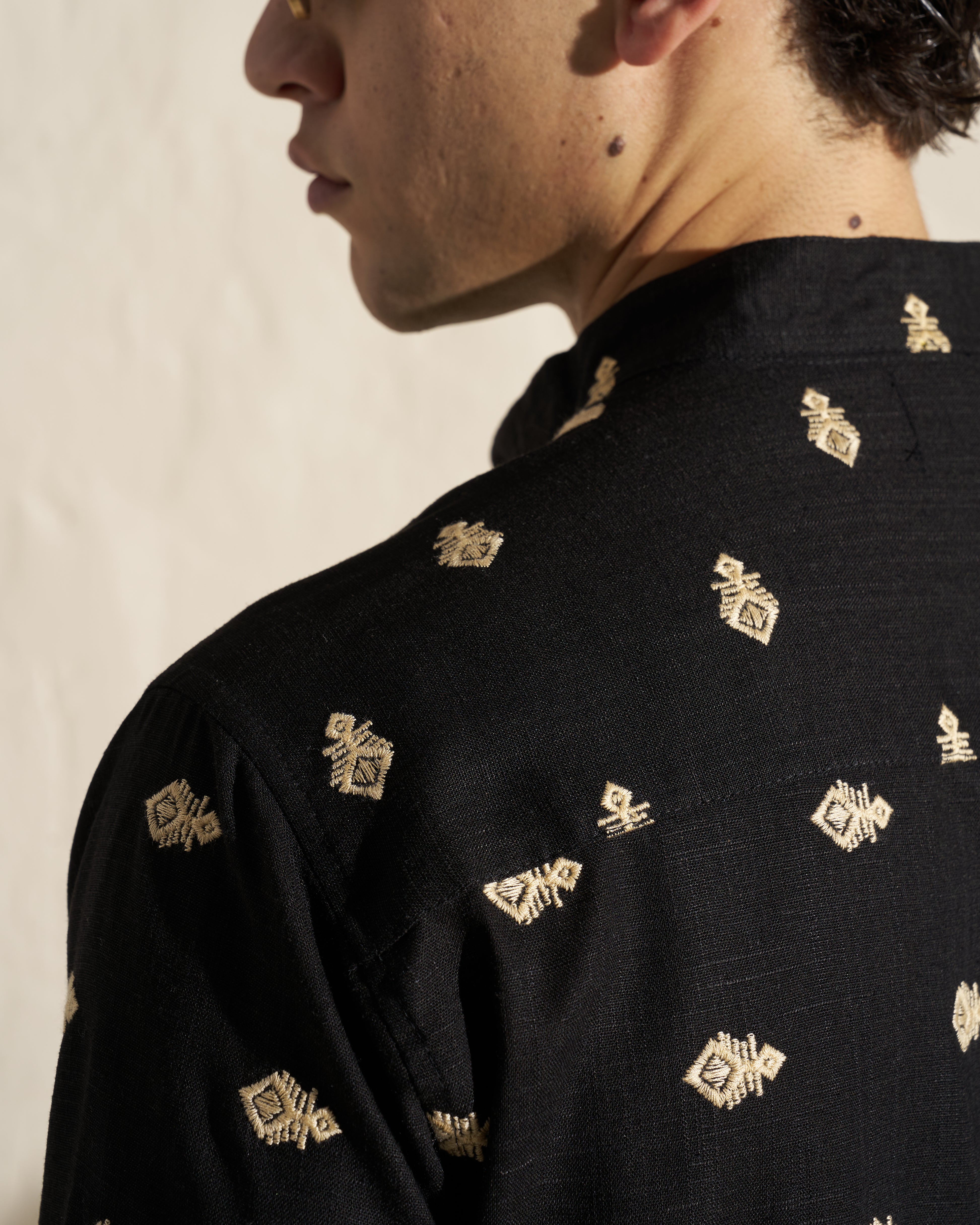 Patterned Short Sleeve Mandarin Collar Shirt