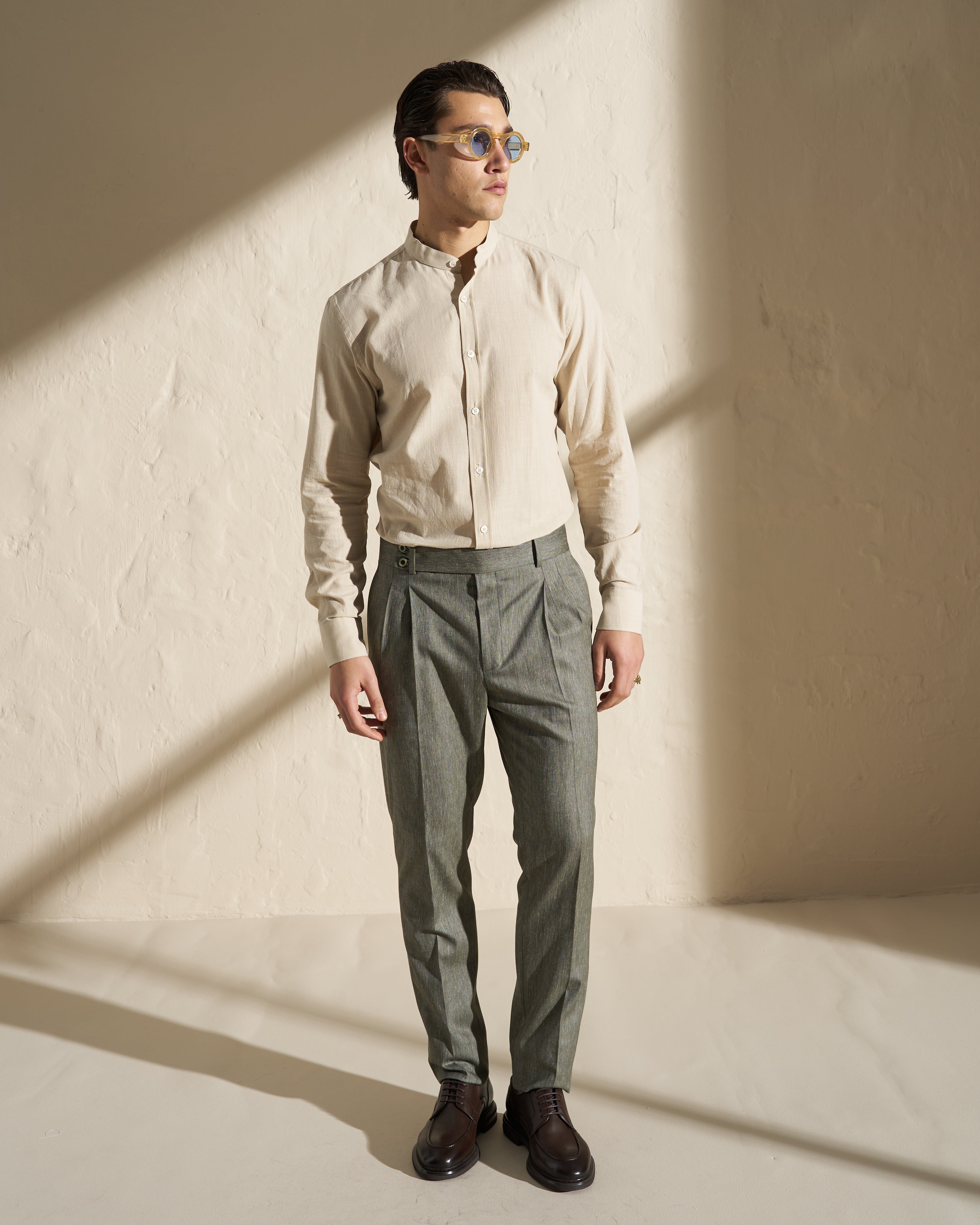 Cotton Linen Band-Collar Shirt