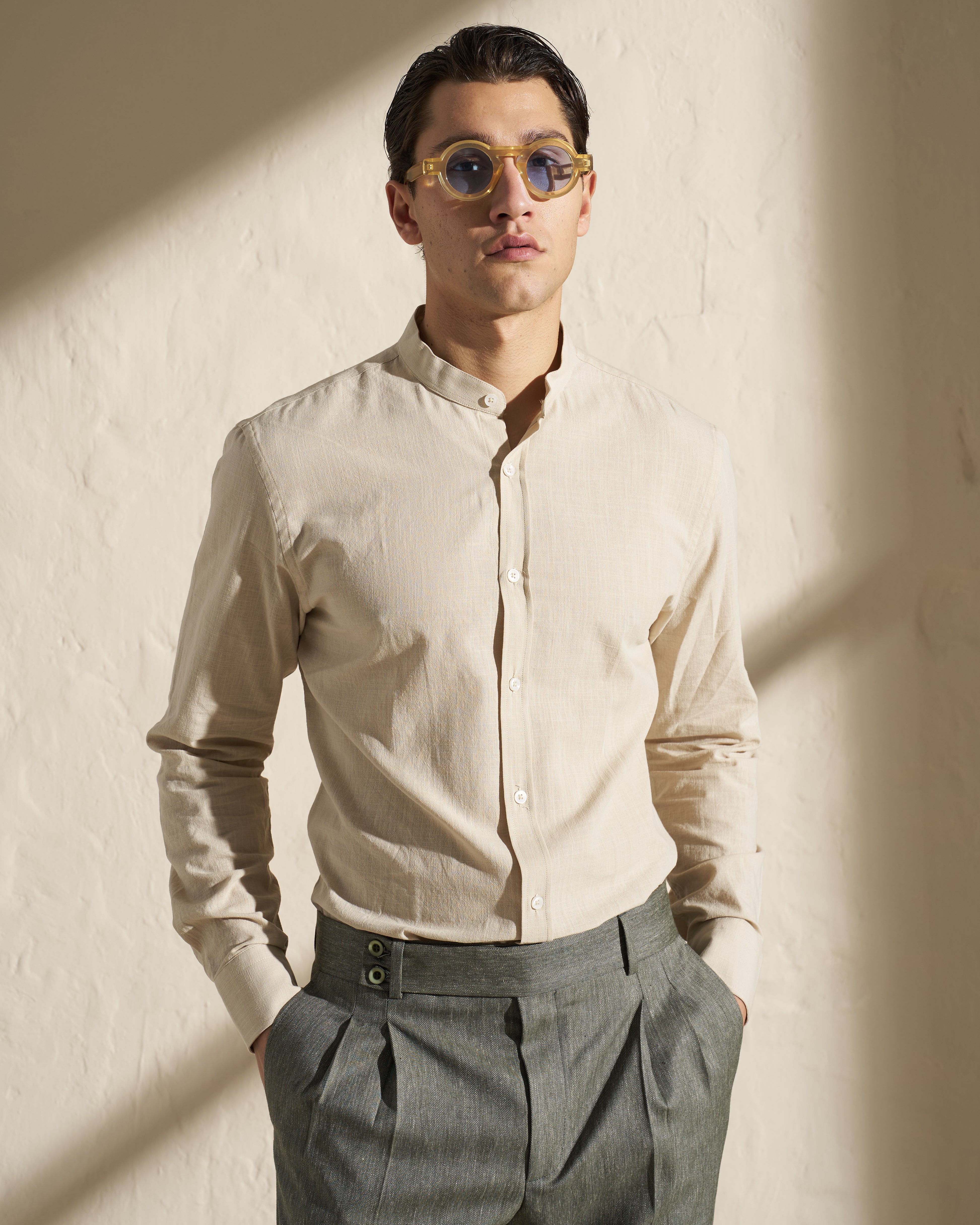 Cotton Linen Band-Collar Shirt