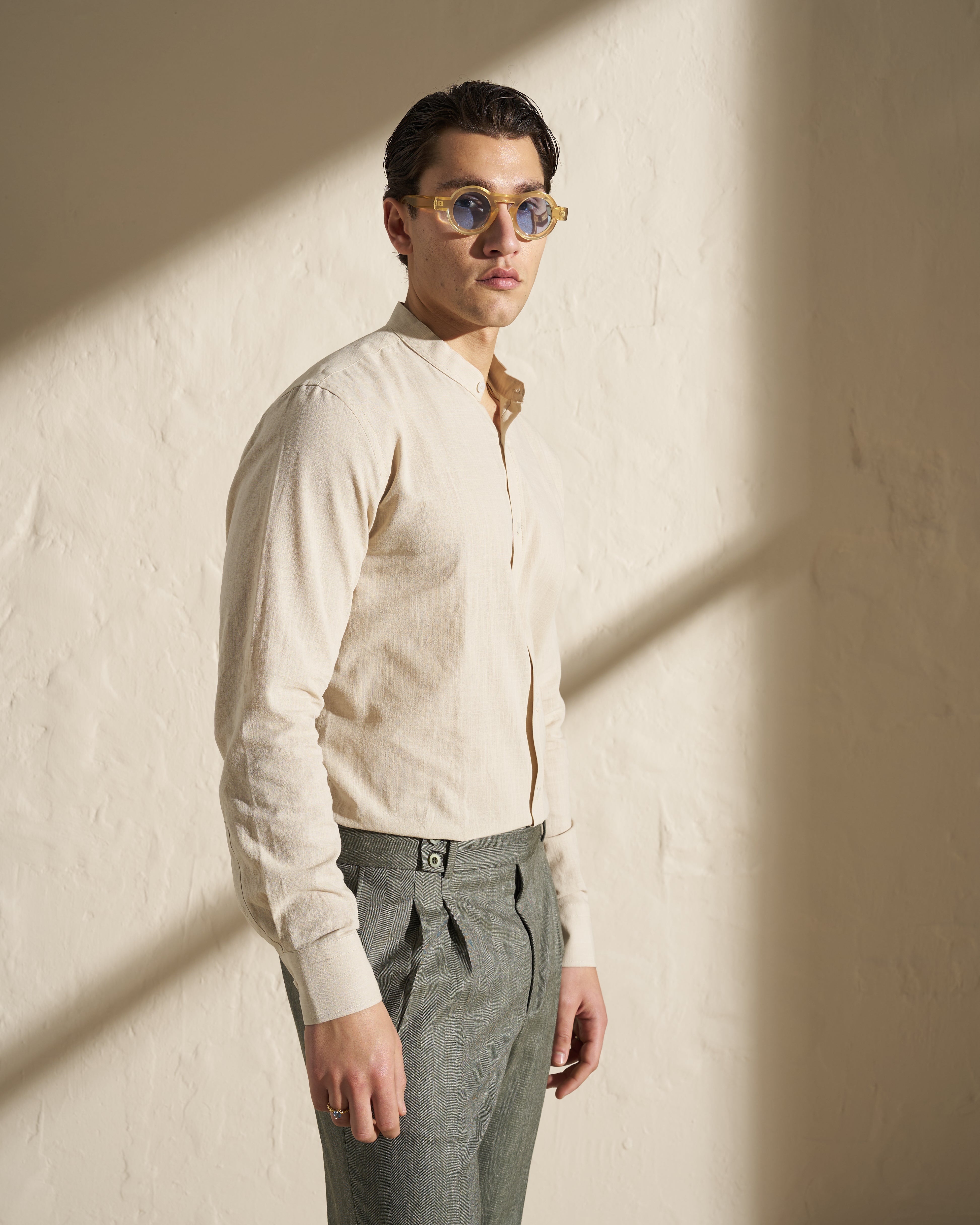 Cotton Linen Band-Collar Shirt