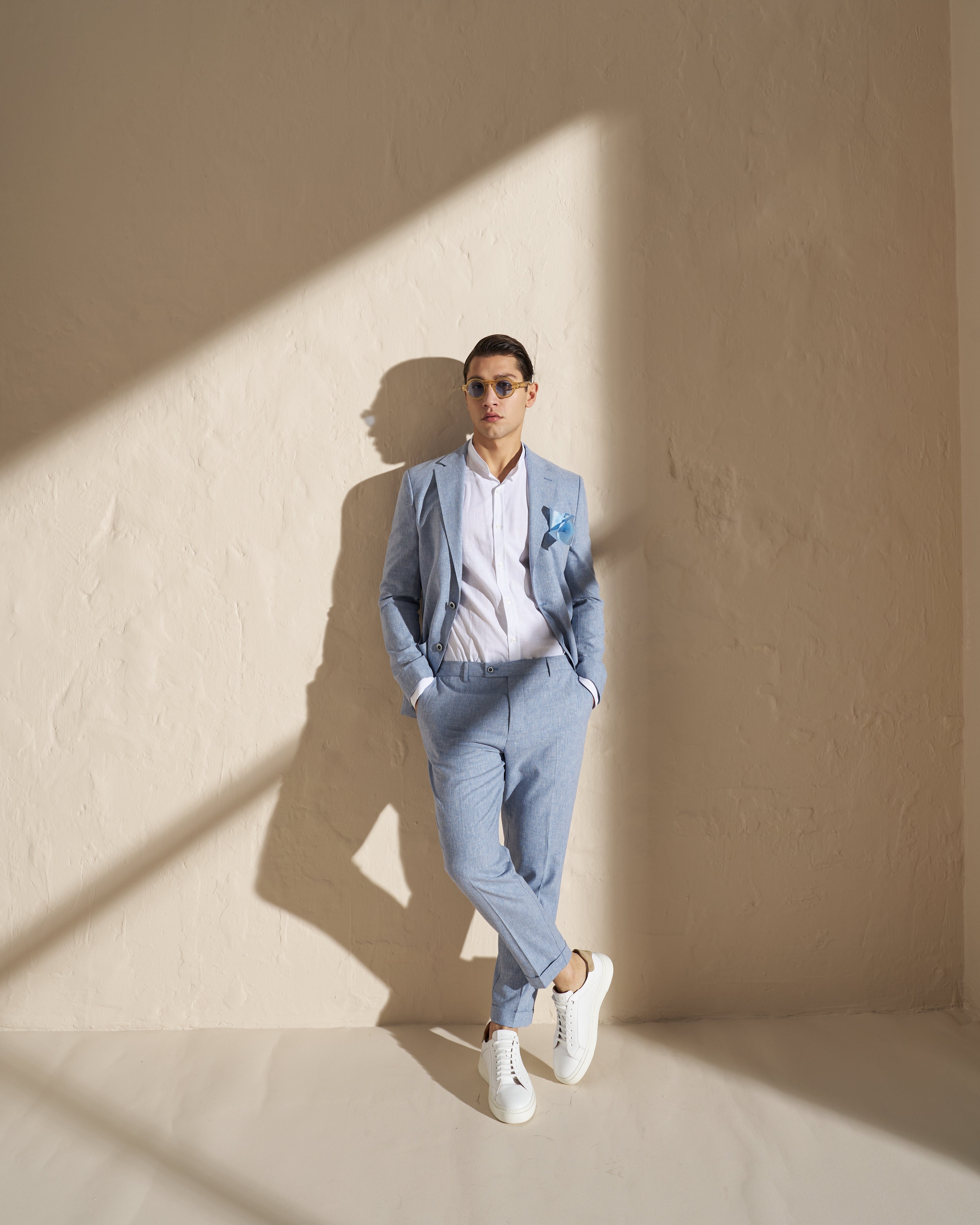 Cotton–Linen Mandarin Collar Shirt