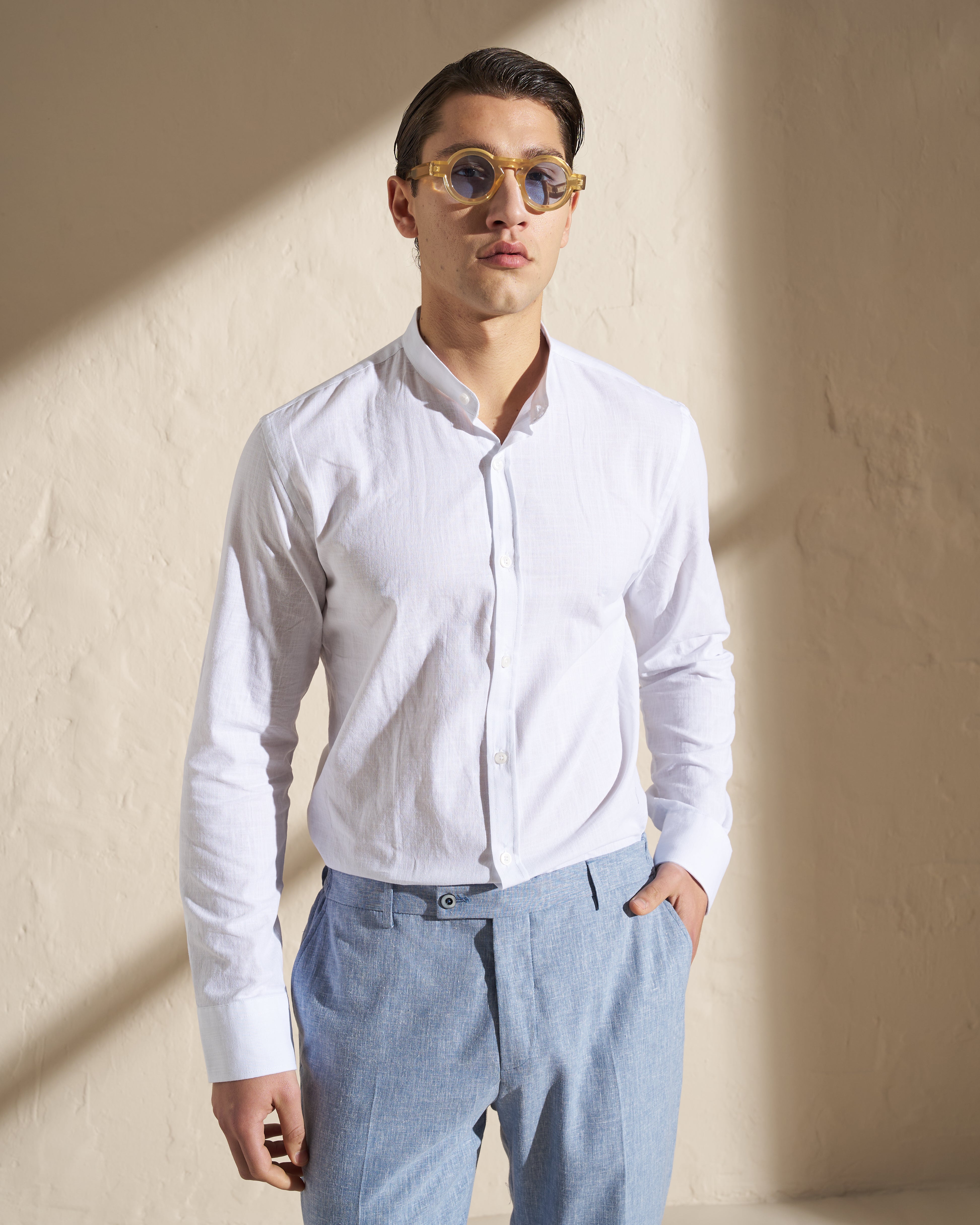 Cotton–Linen Mandarin Collar Shirt