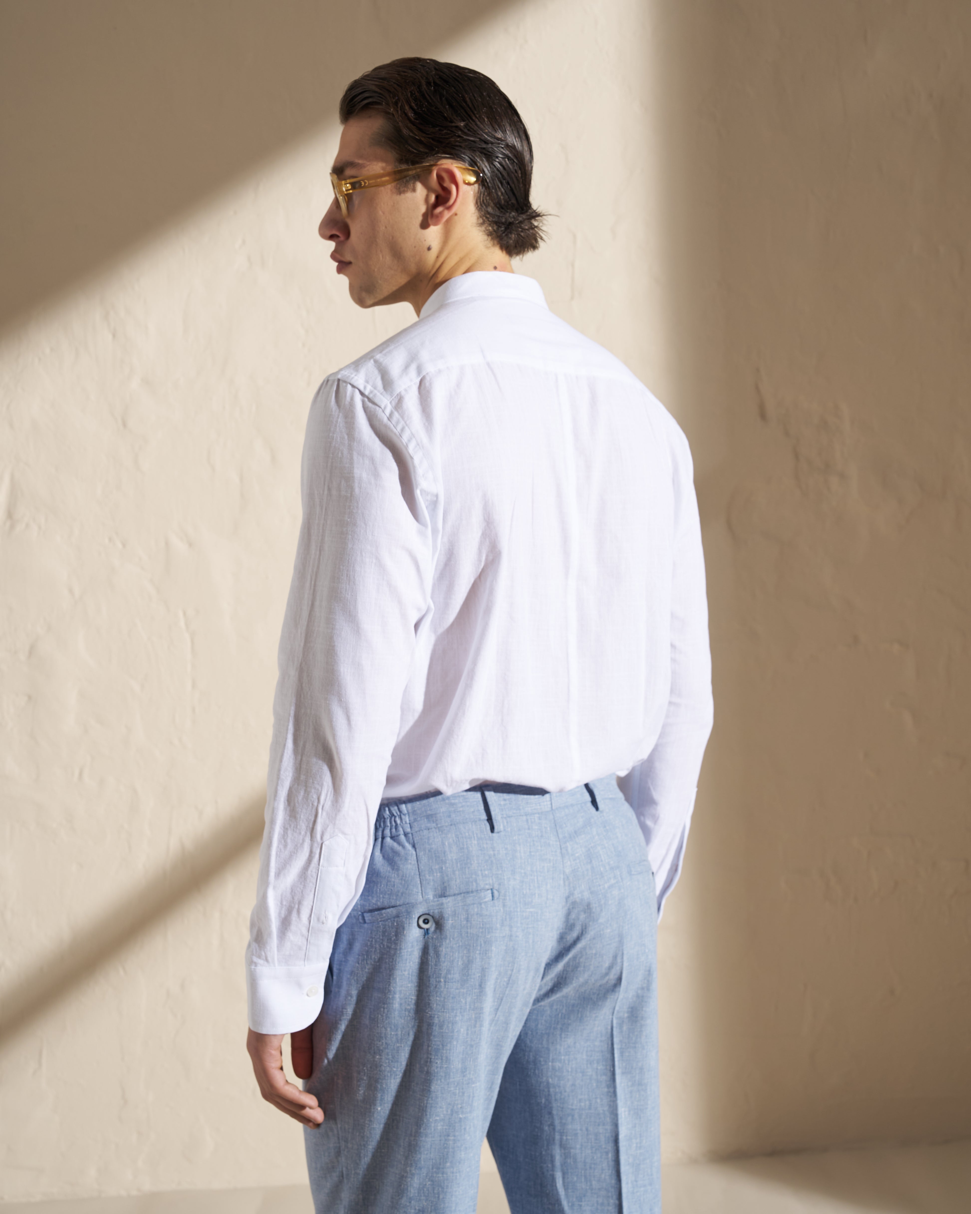 Cotton–Linen Mandarin Collar Shirt