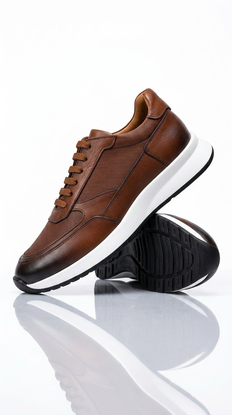 Leather & Knit Runner Sneaker - Taba