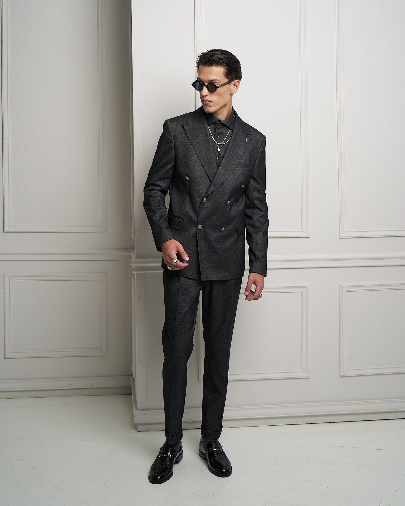 Black Denim Double-Breasted Tailored Jacket