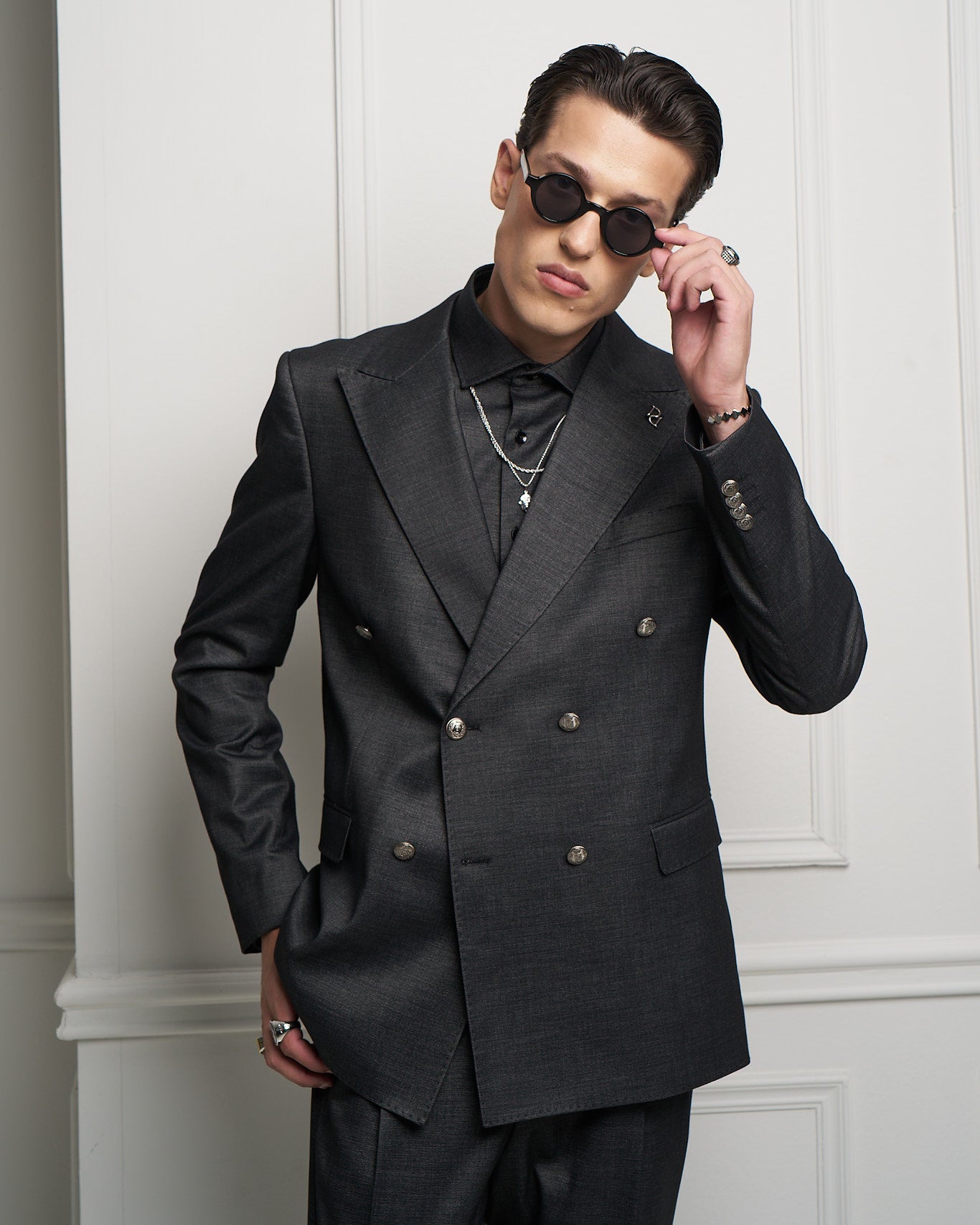 Black Denim Double-Breasted Tailored Jacket