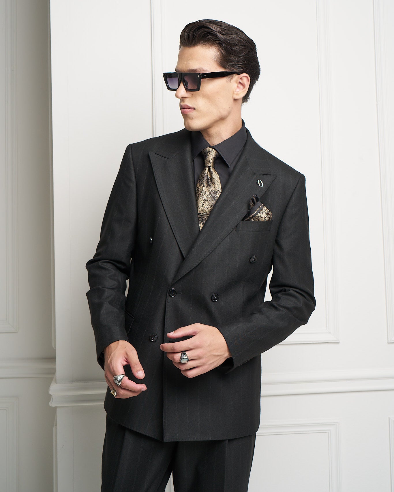 Black Pinstripe Double-Breasted Tailored Jacket