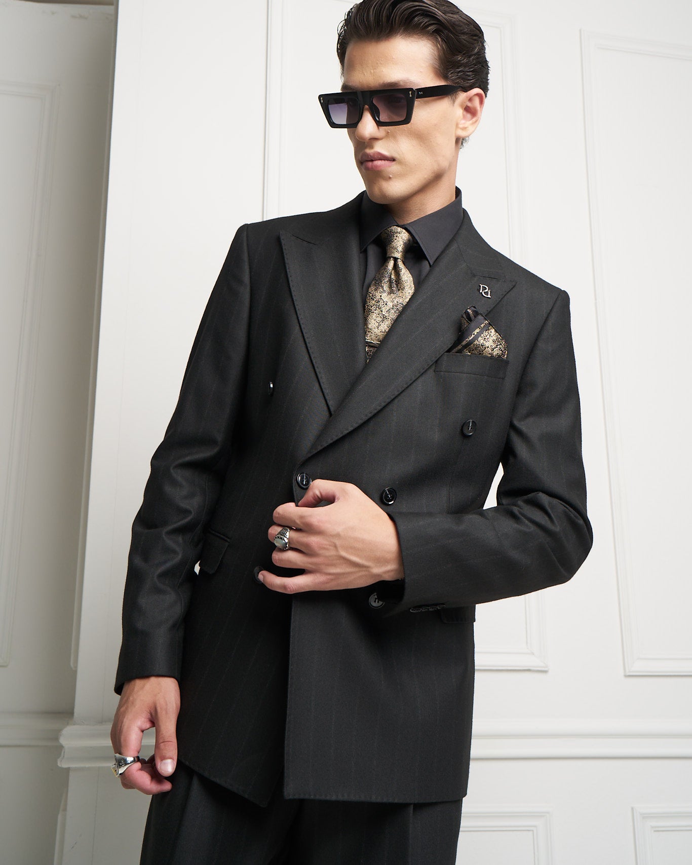Black Pinstripe Double-Breasted Tailored Jacket