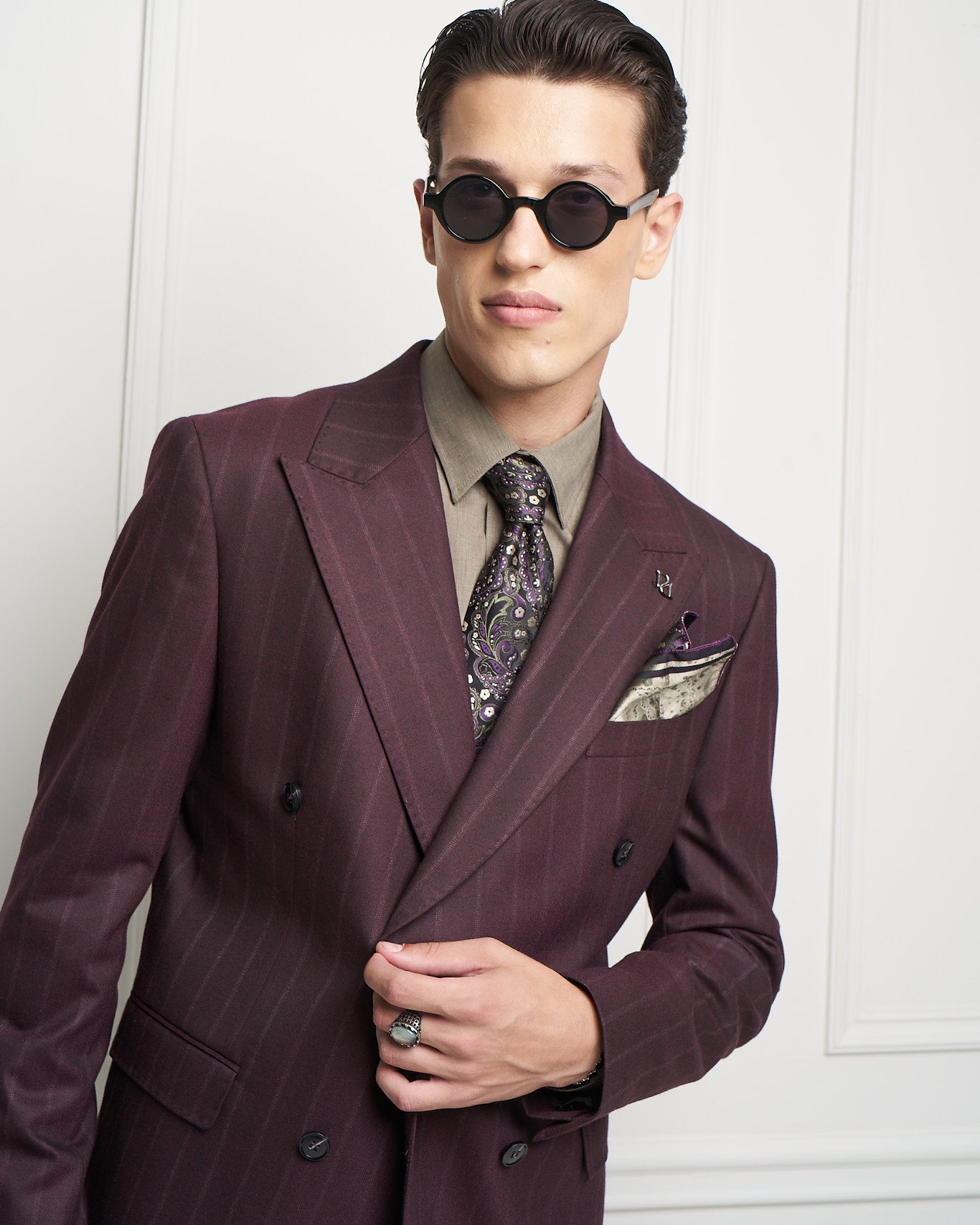 Burgundy Pinstripe Double-Breasted Tailored Jacket