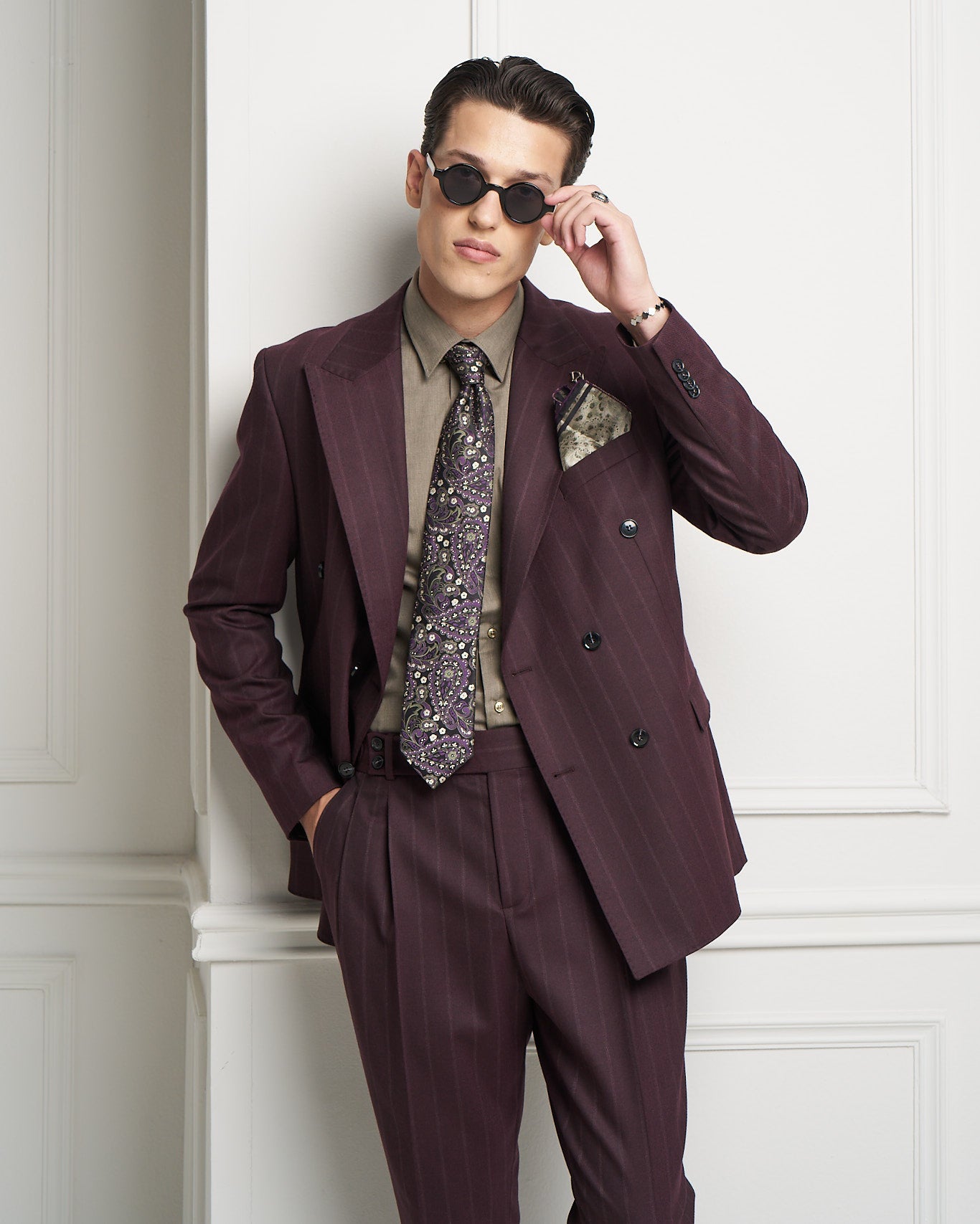 Burgundy Pinstripe Double-Breasted Tailored Jacket