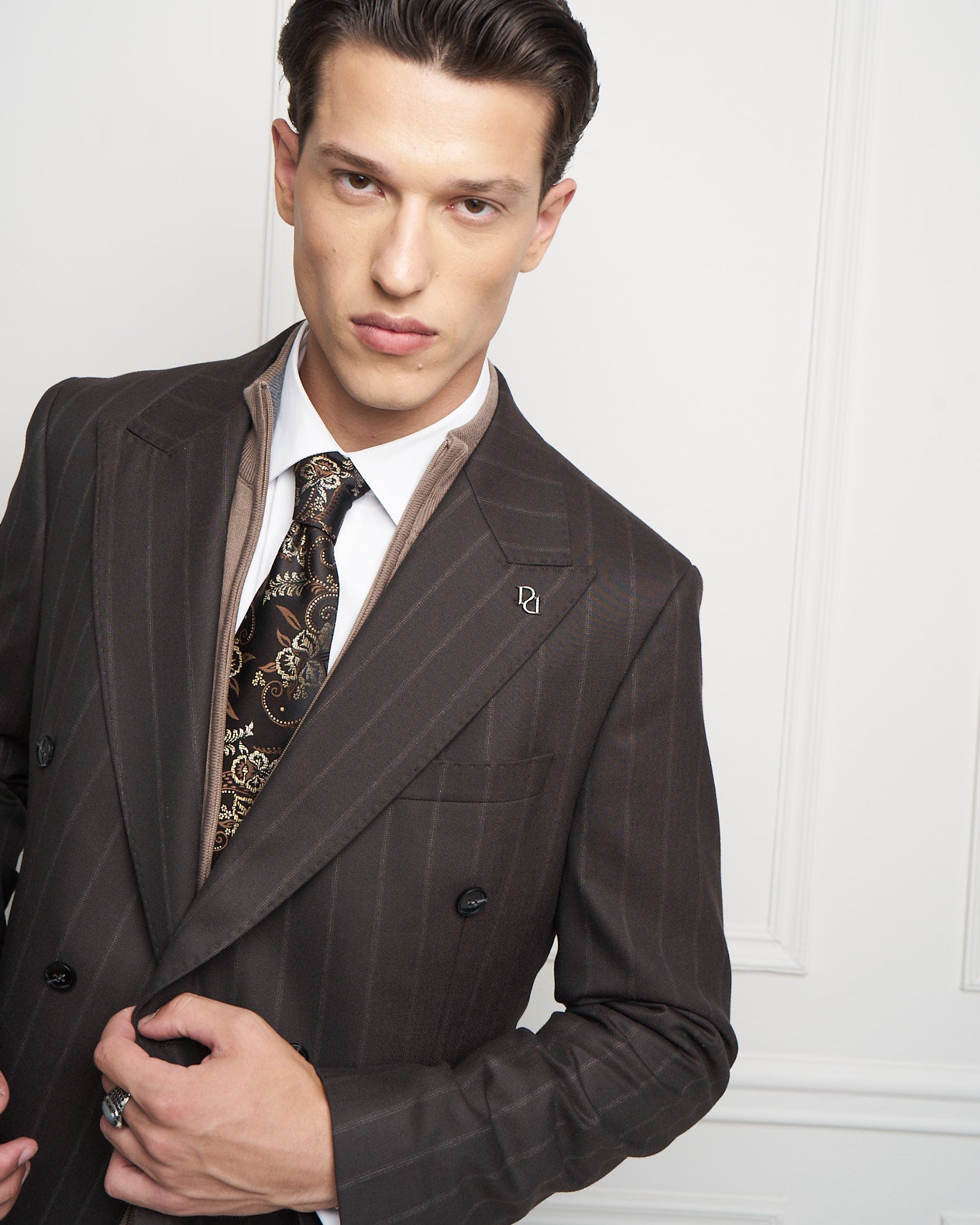 Brown Pinstripe Double-Breasted Tailored Jacket