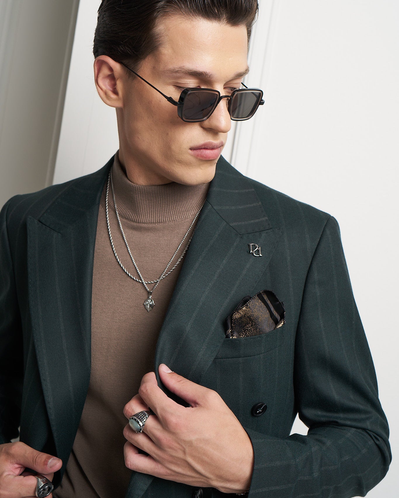 Deep Green Pinstripe Double-Breasted Tailored Jacket