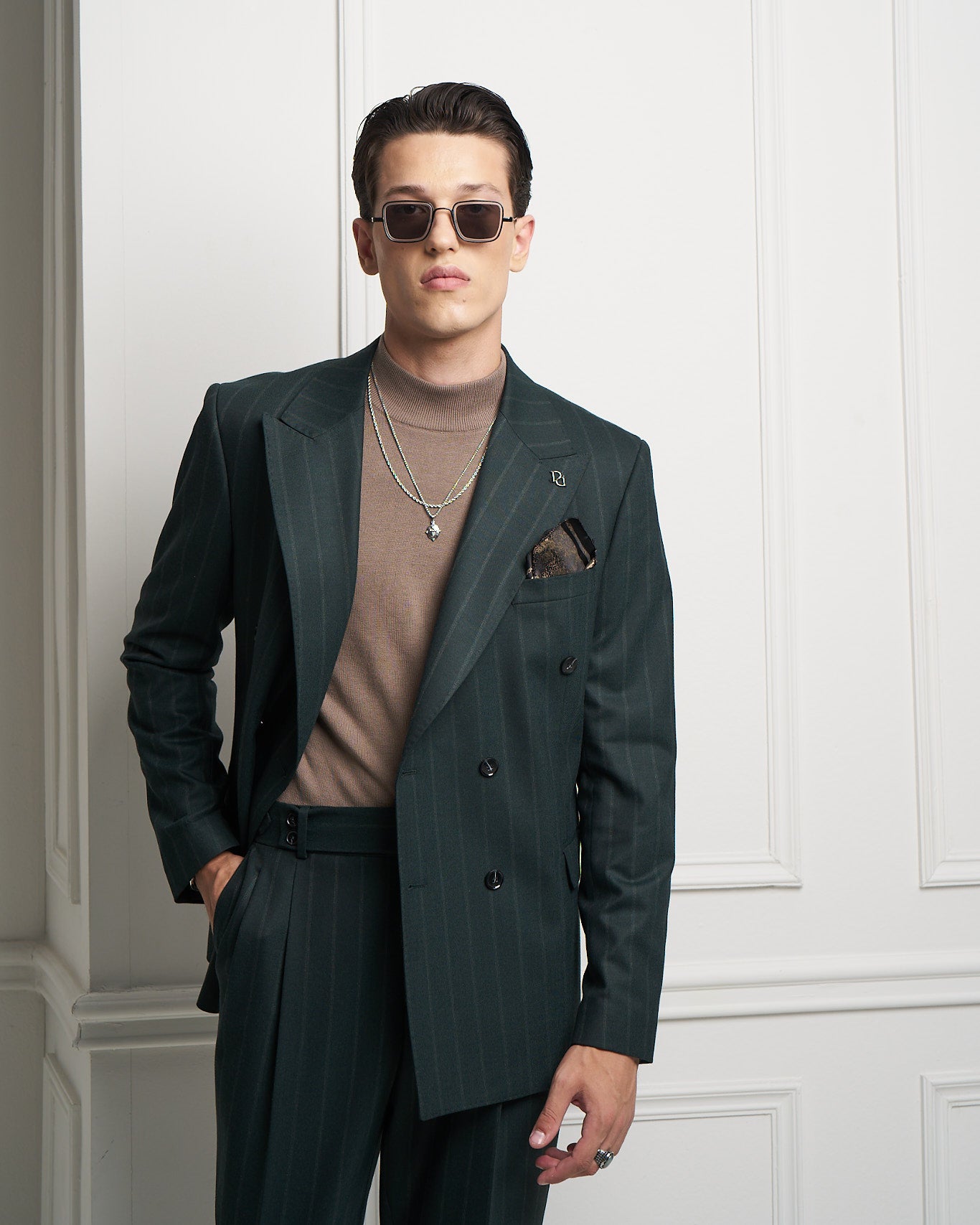 Deep Green Pinstripe Double-Breasted Tailored Jacket