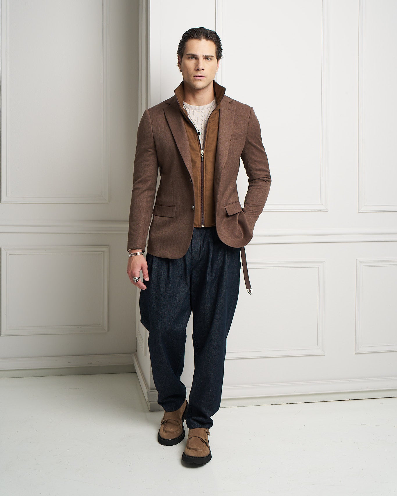 Chocolate Layered Tailored Jacket with Removable Zip-Up Insert