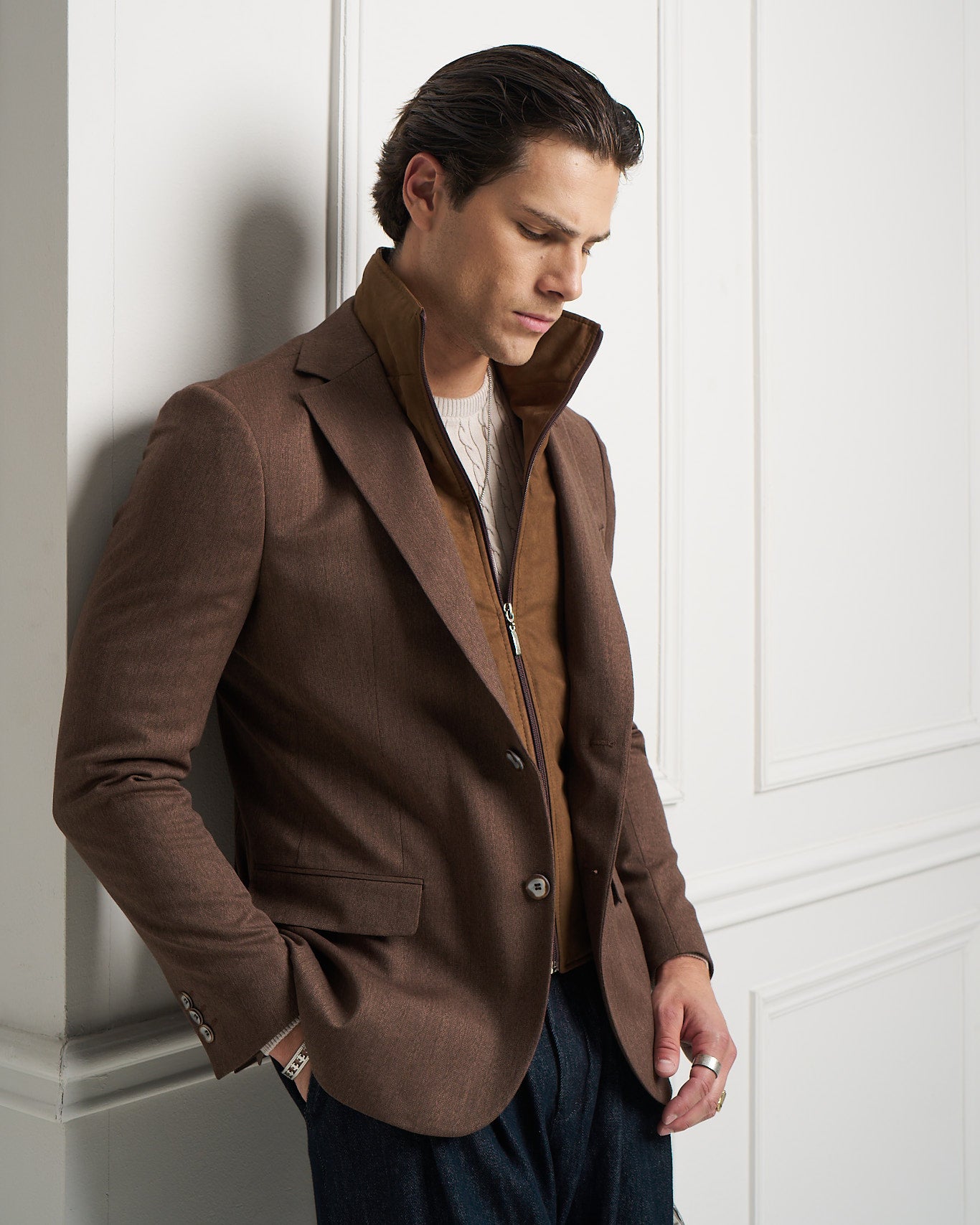 Chocolate Layered Tailored Jacket with Removable Zip-Up Insert