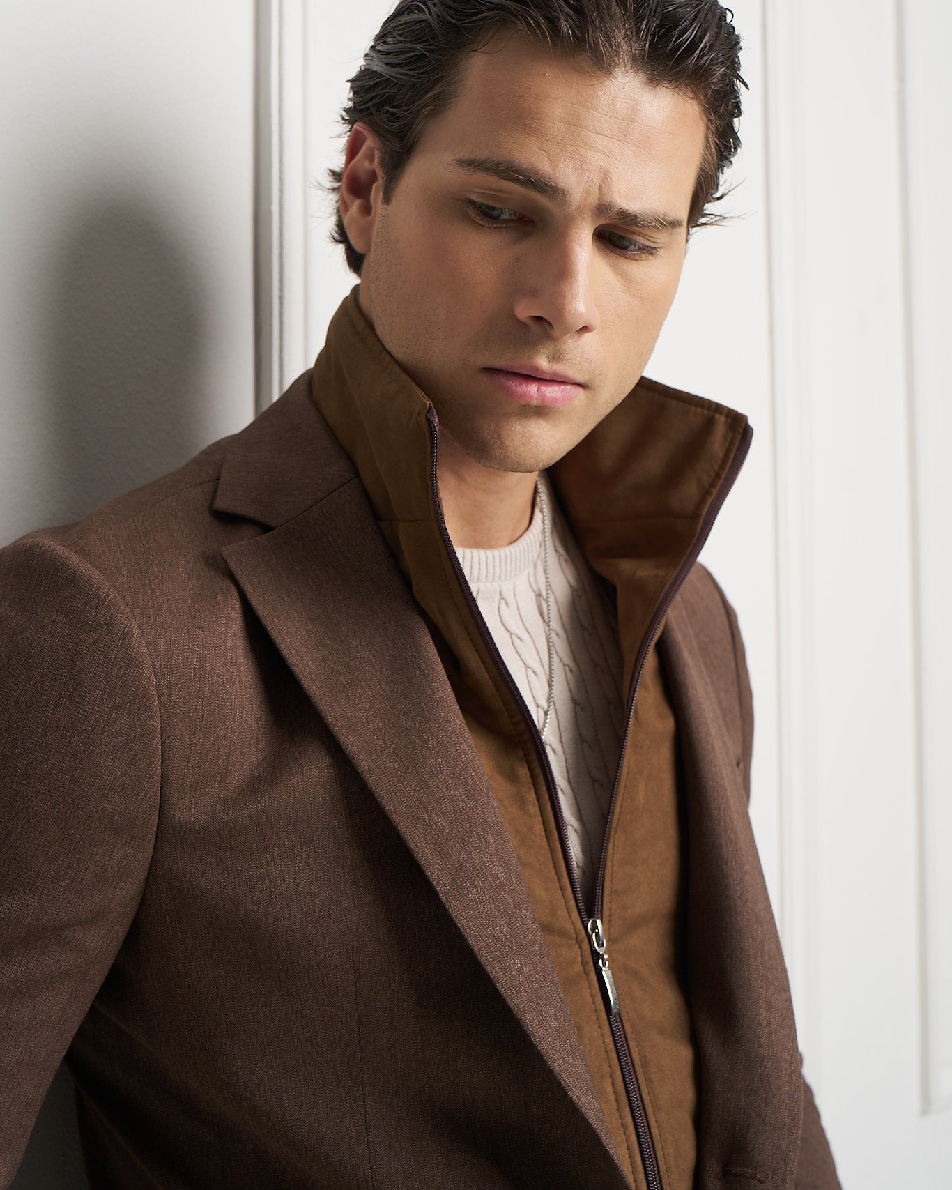 Chocolate Layered Tailored Jacket with Removable Zip-Up Insert