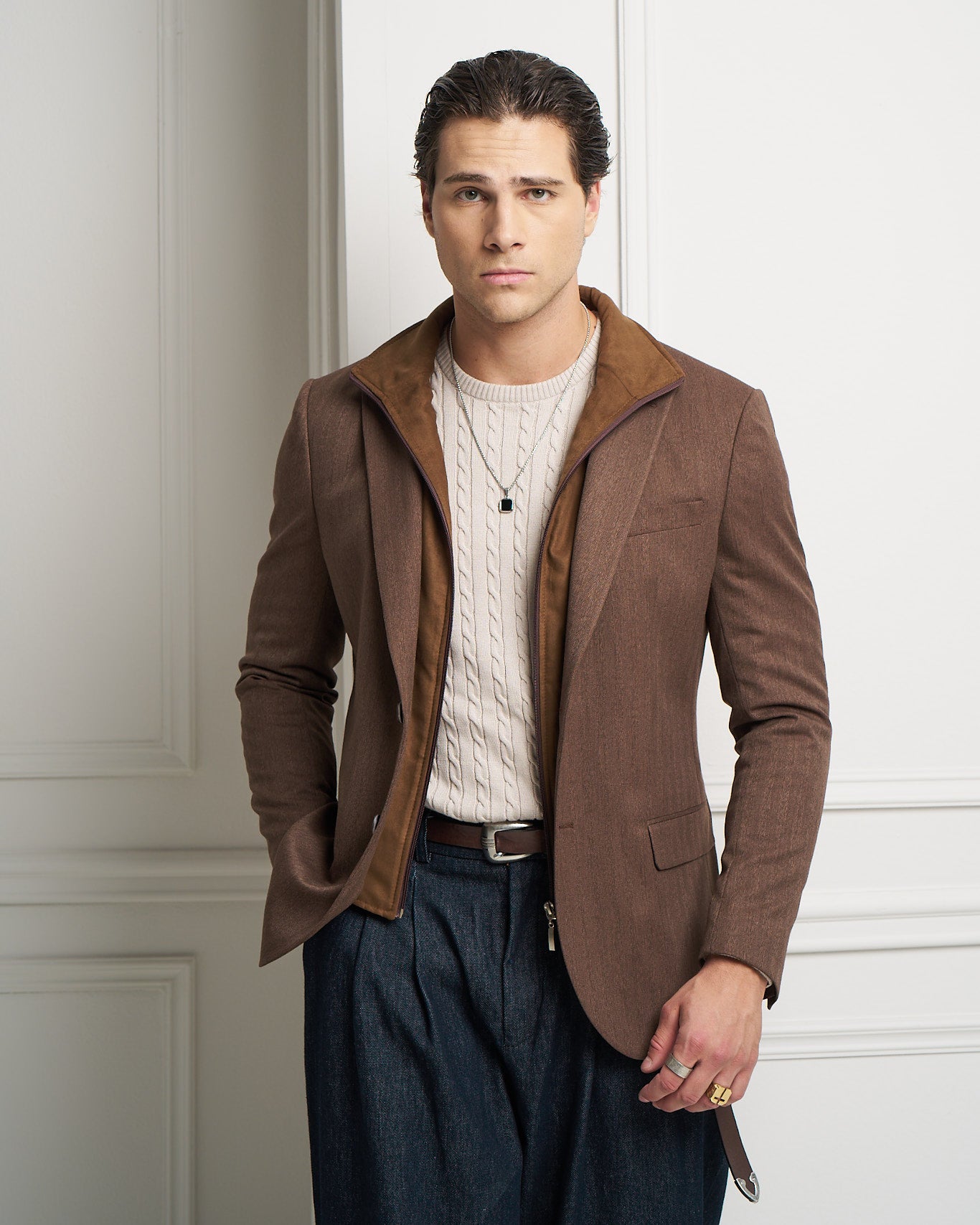 Chocolate Layered Tailored Jacket with Removable Zip-Up Insert