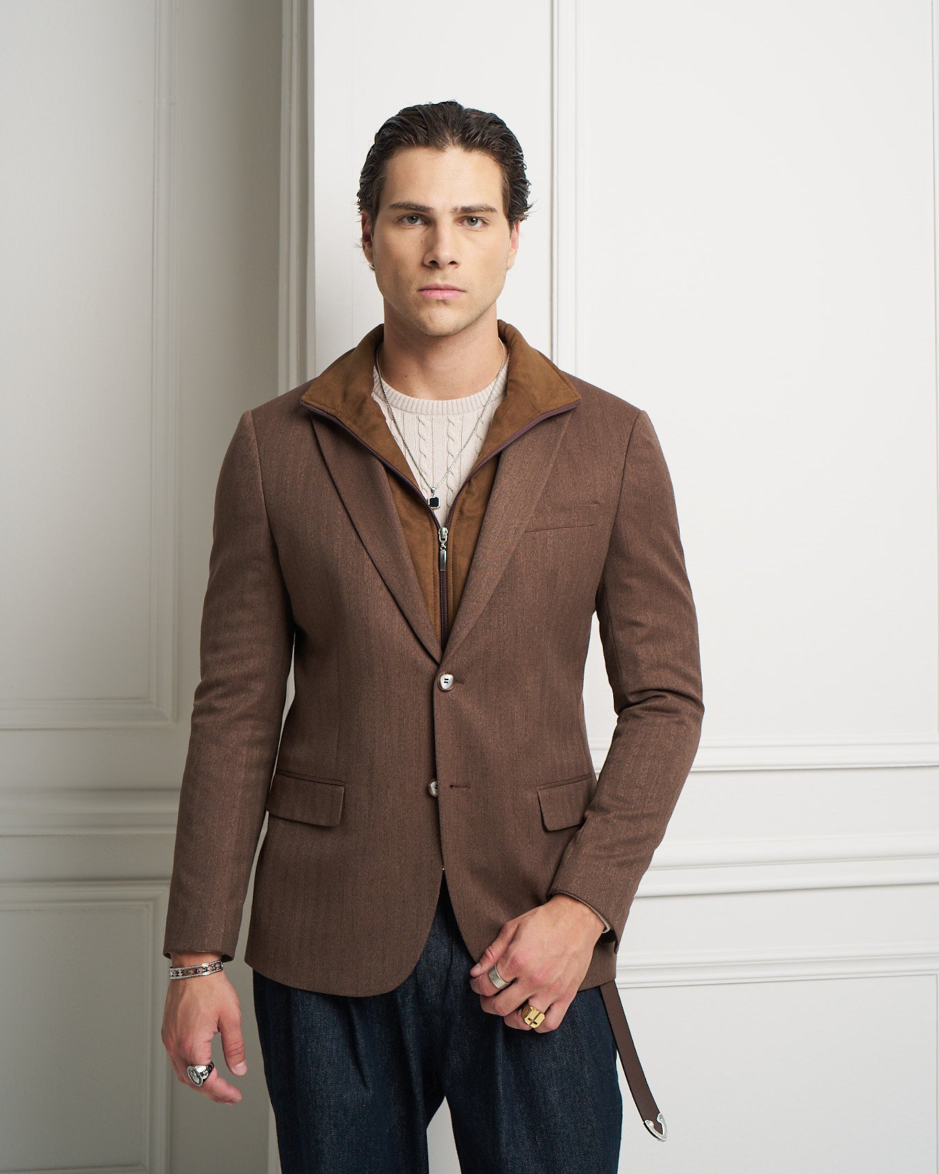 Chocolate Layered Tailored Jacket with Removable Zip-Up Insert