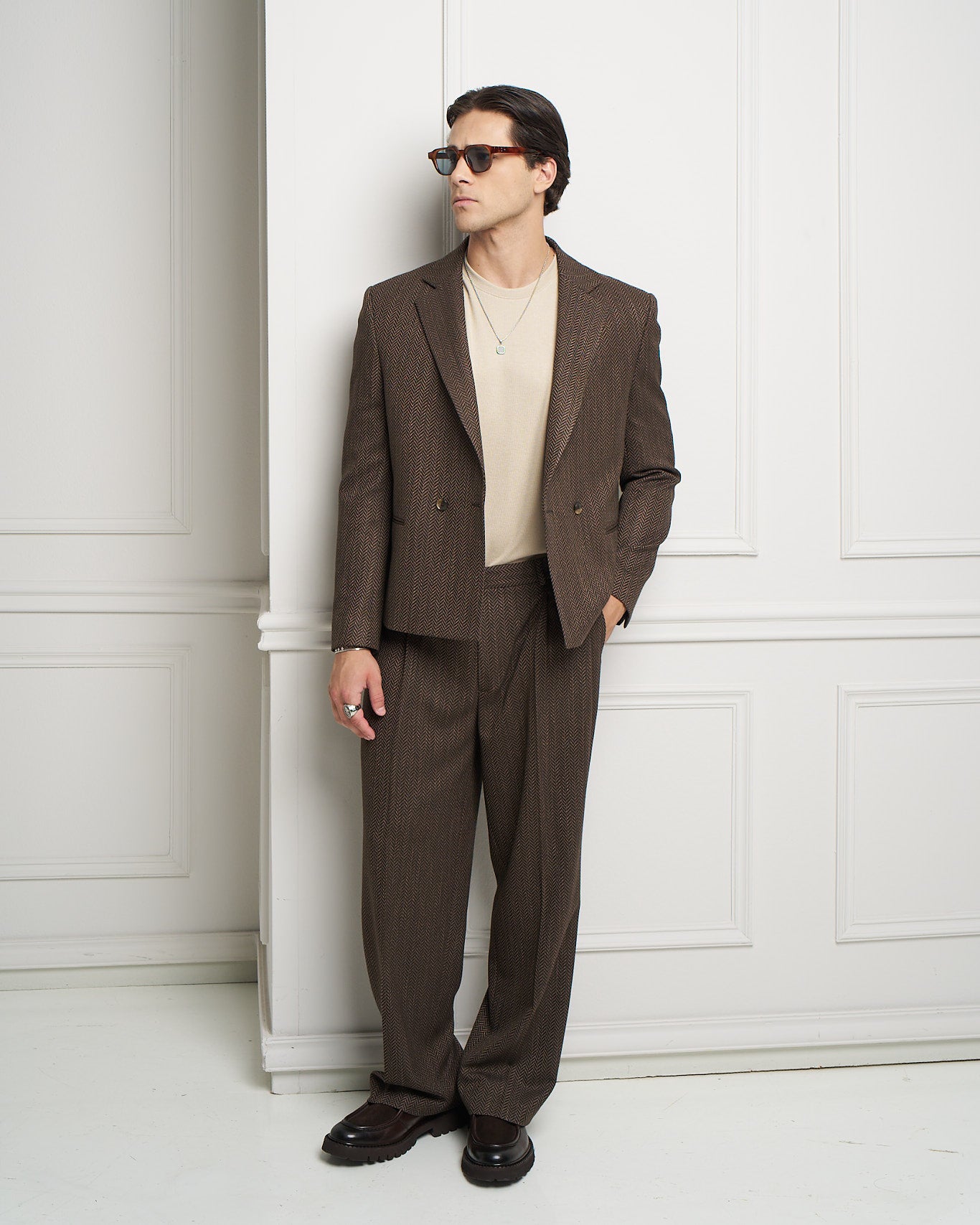 Brown Herringbone Double-Breasted Jacket
