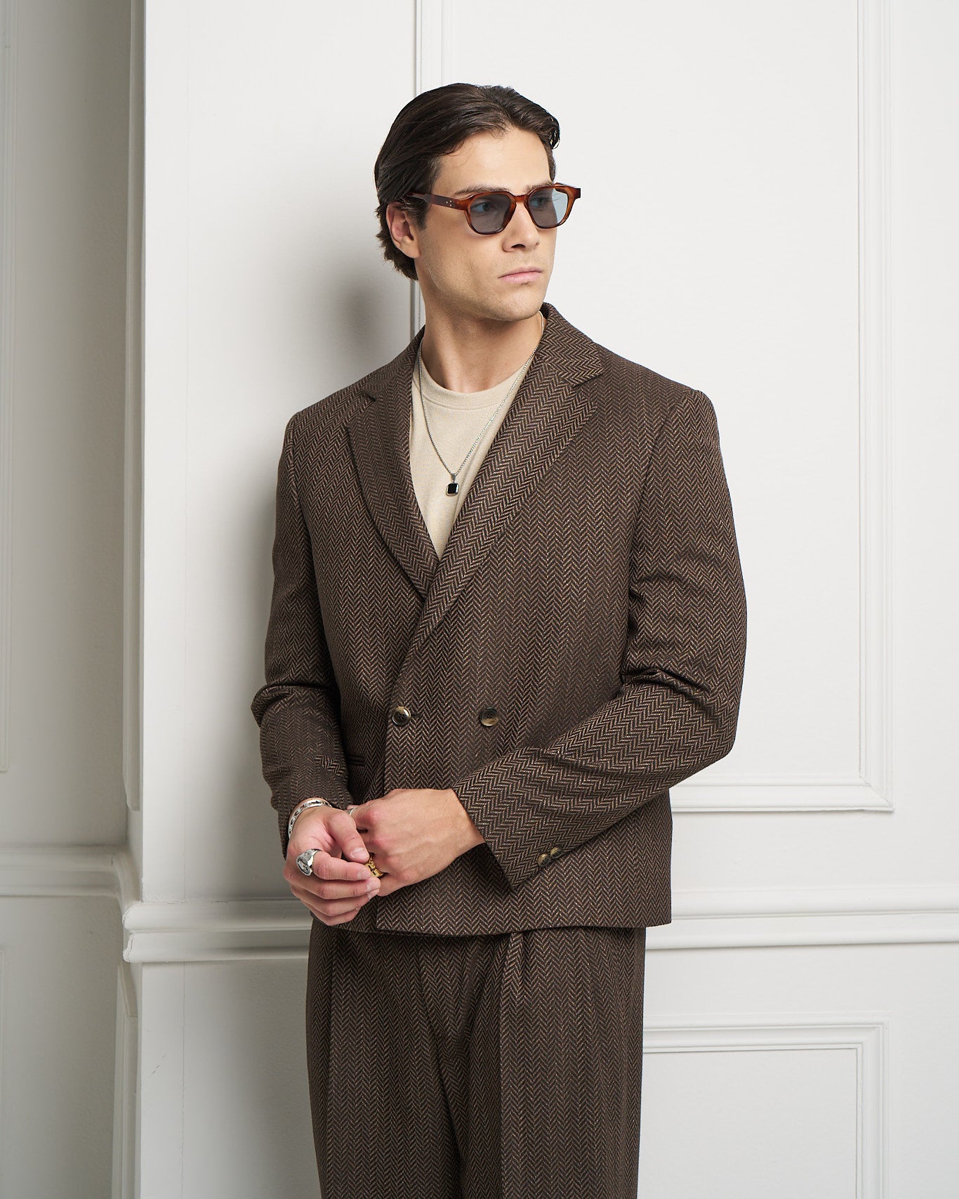 Brown Herringbone Double-Breasted Jacket