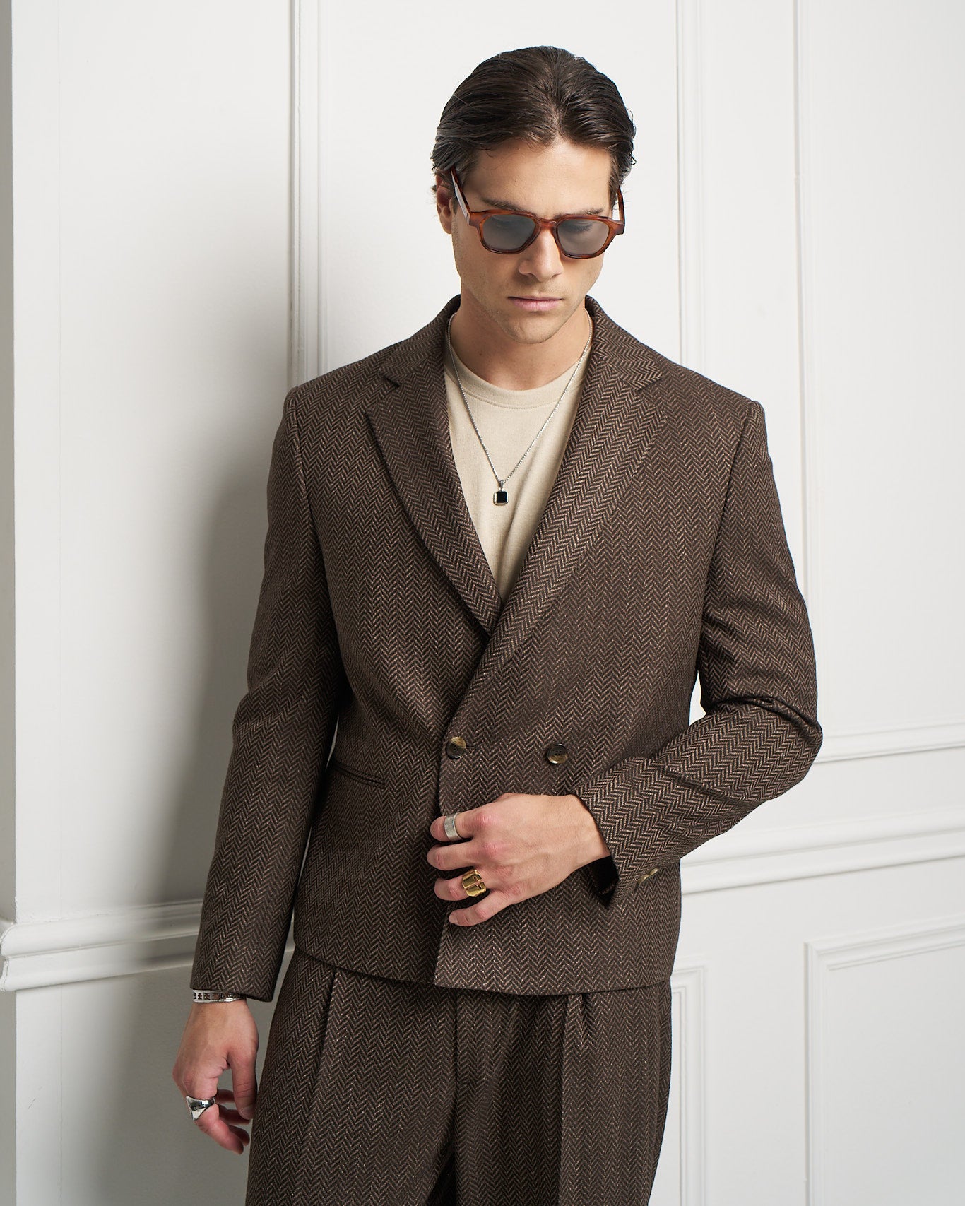Brown Herringbone Double-Breasted Jacket