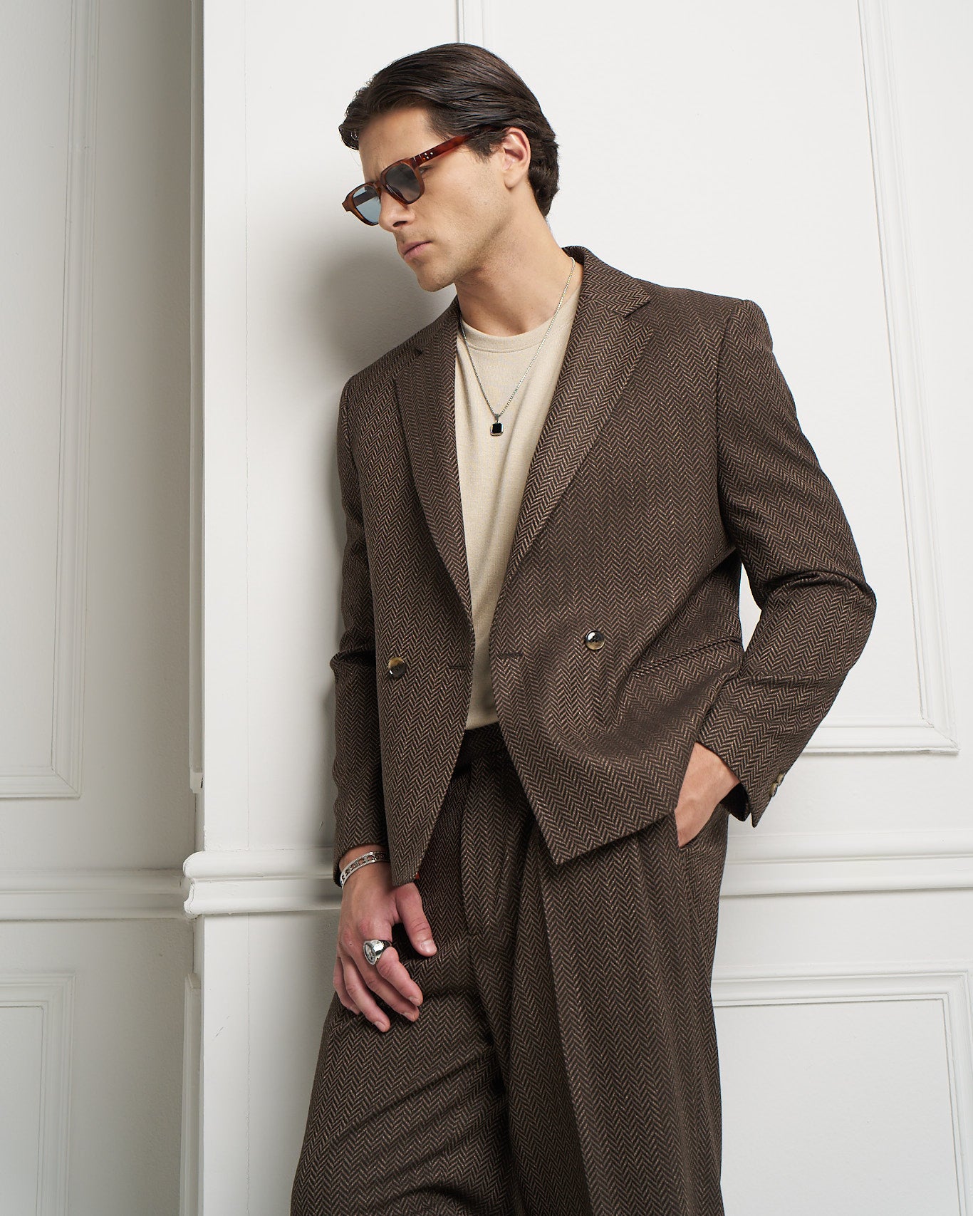 Brown Herringbone Double-Breasted Jacket