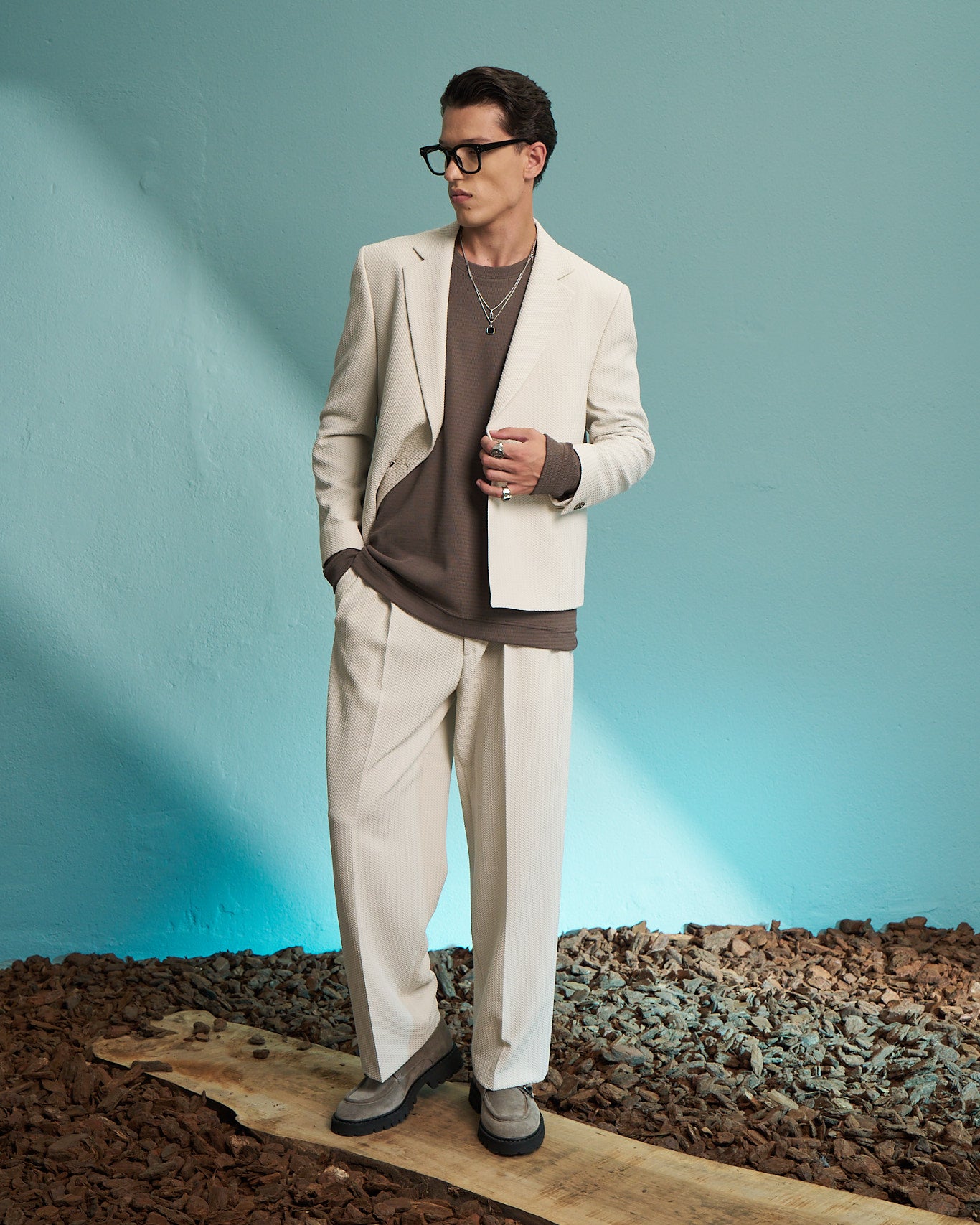 Ivory Textured Double-Breasted Jacket