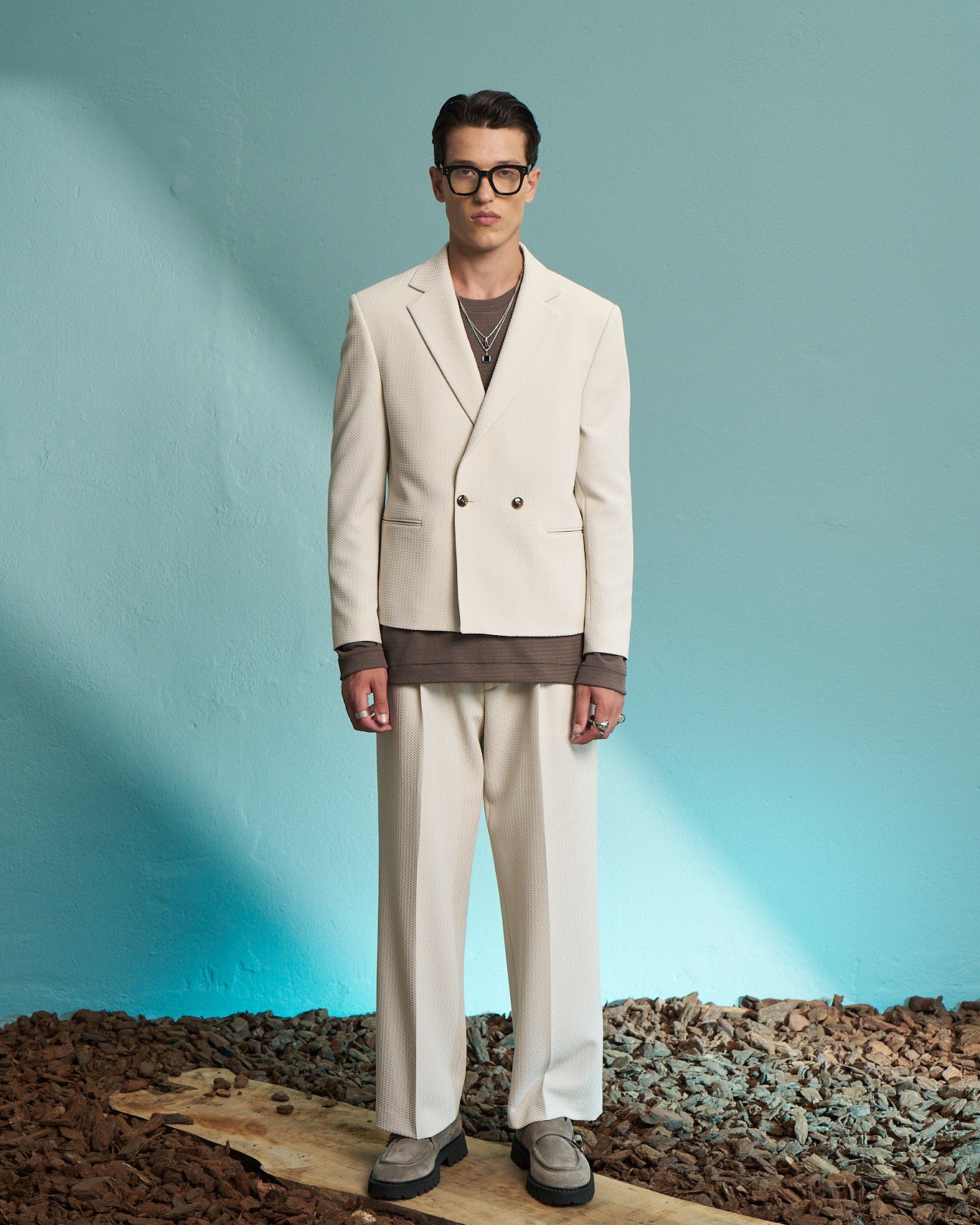 Ivory Textured Double-Breasted Jacket