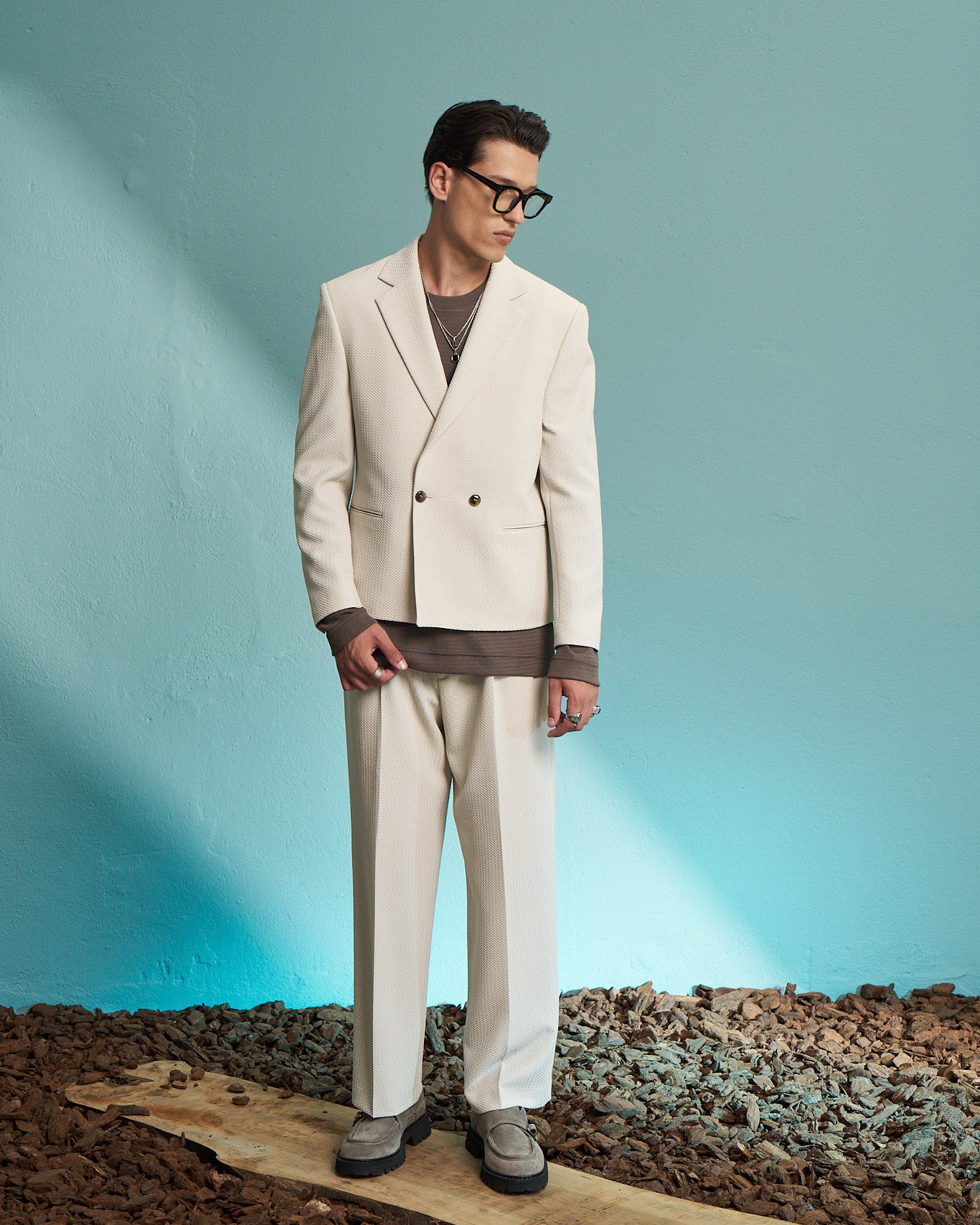 Ivory Textured Double-Breasted Jacket
