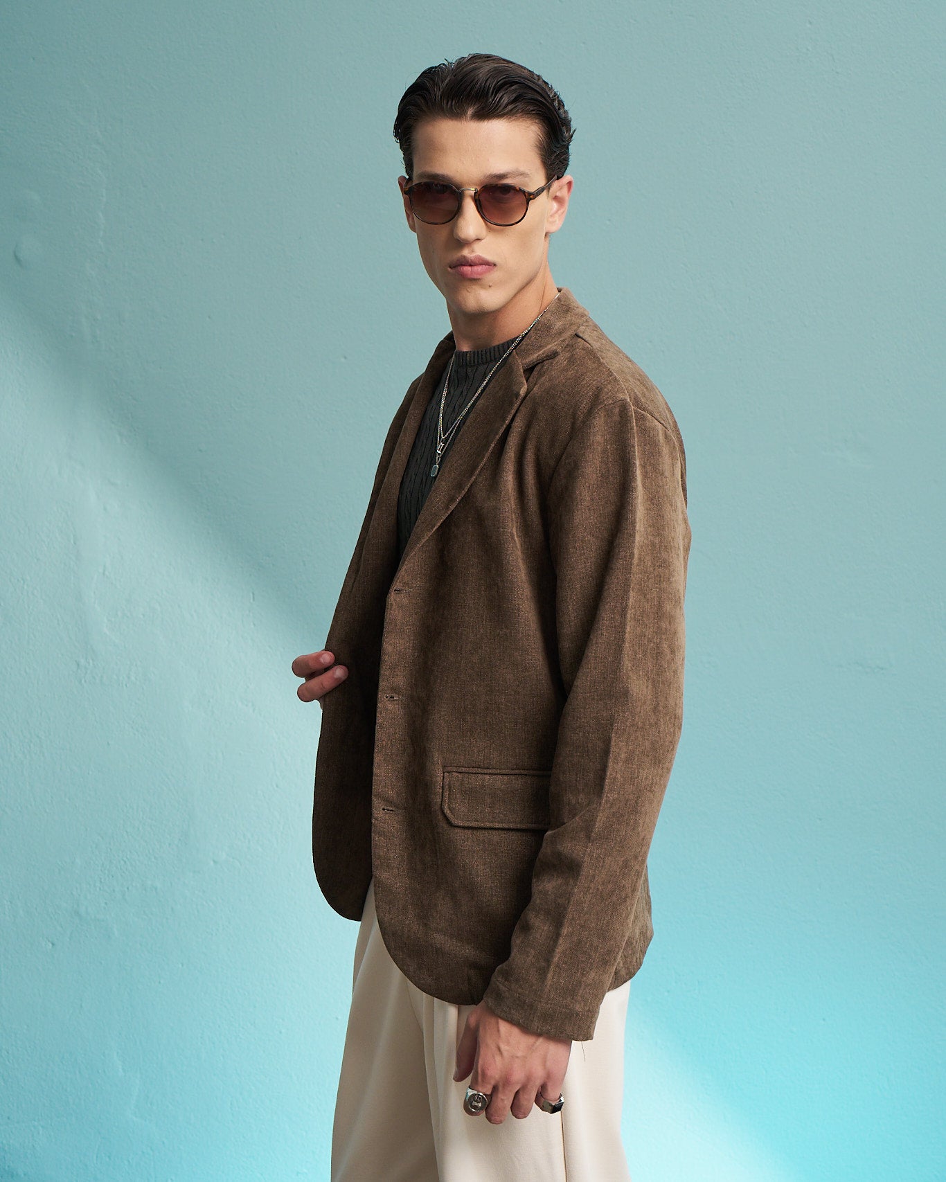 Brown Linen-Blend Single-Breasted Jacket