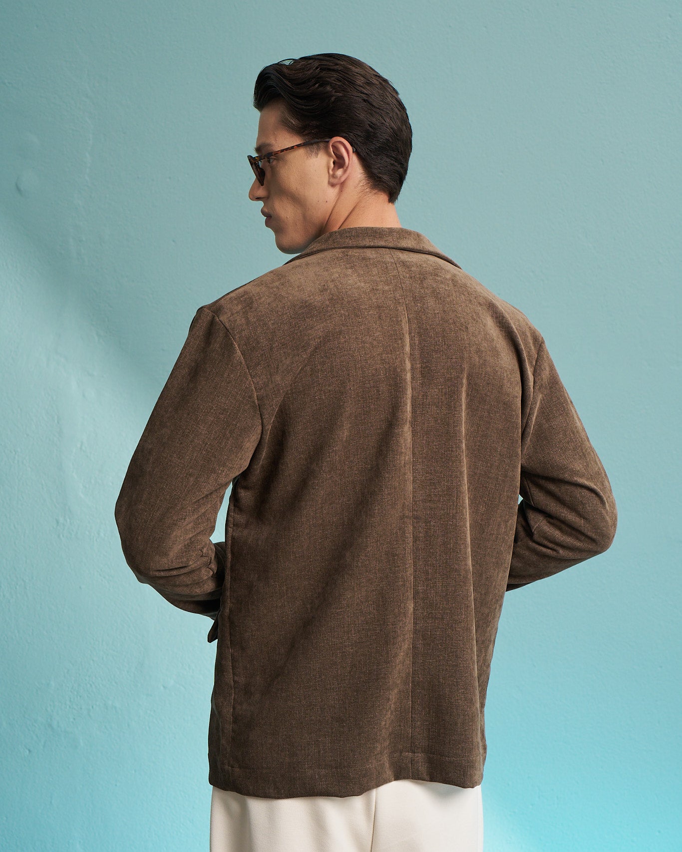 Brown Linen-Blend Single-Breasted Jacket