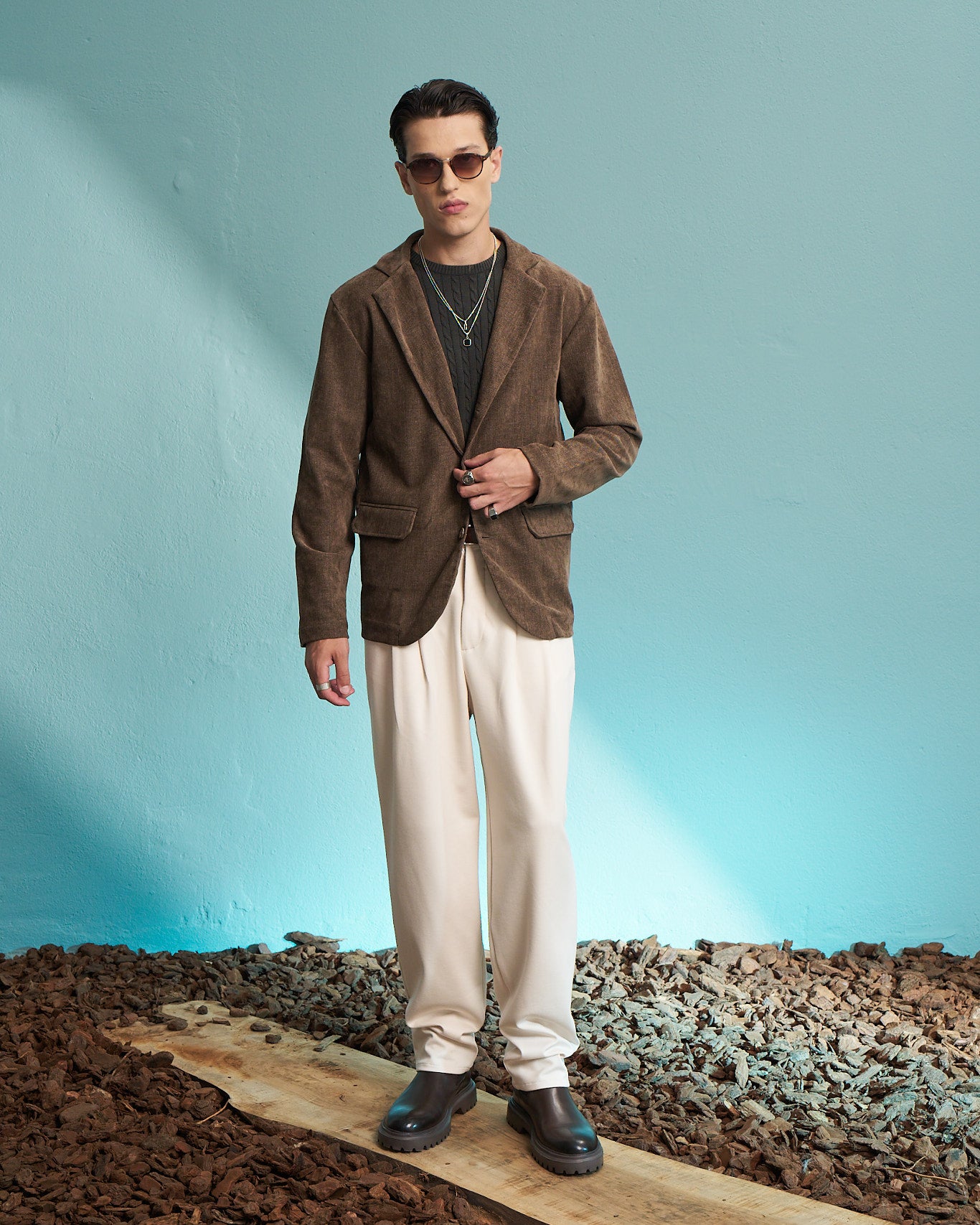 Brown Linen-Blend Single-Breasted Jacket