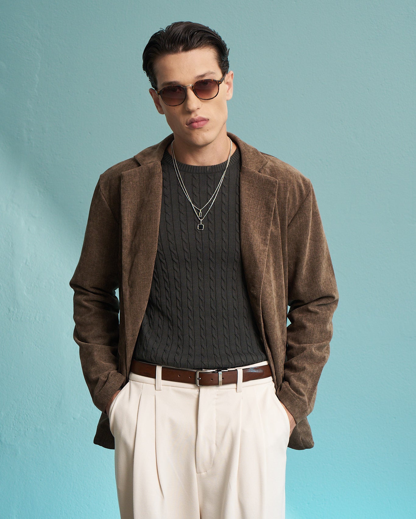 Brown Linen-Blend Single-Breasted Jacket