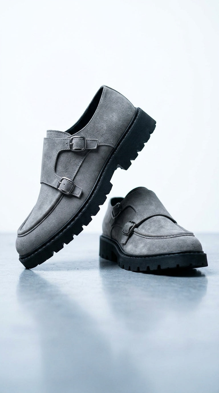 Suede Double Monk Strap Shoe - Light Grey