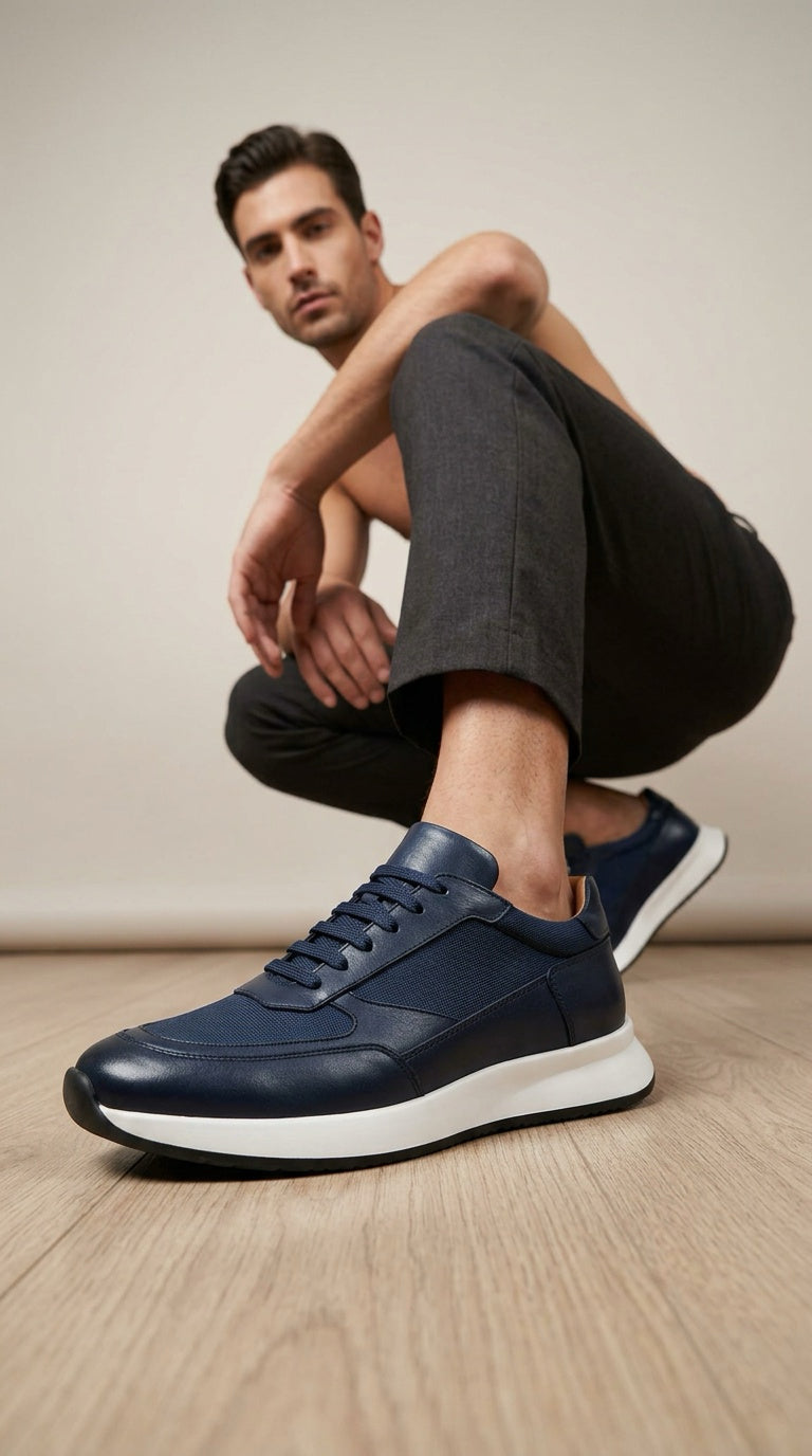 Leather & Knit Runner Sneaker - Navy