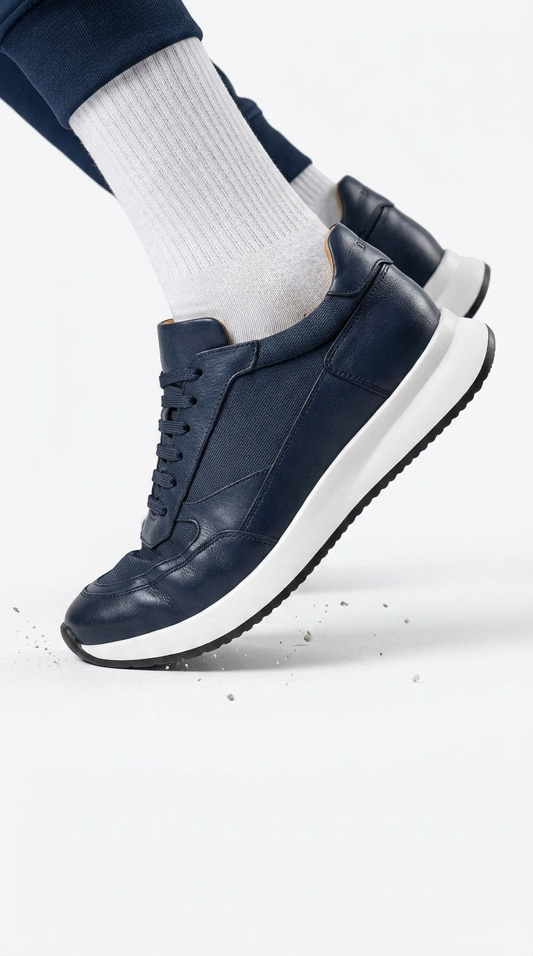 Leather & Knit Runner Sneaker - Navy